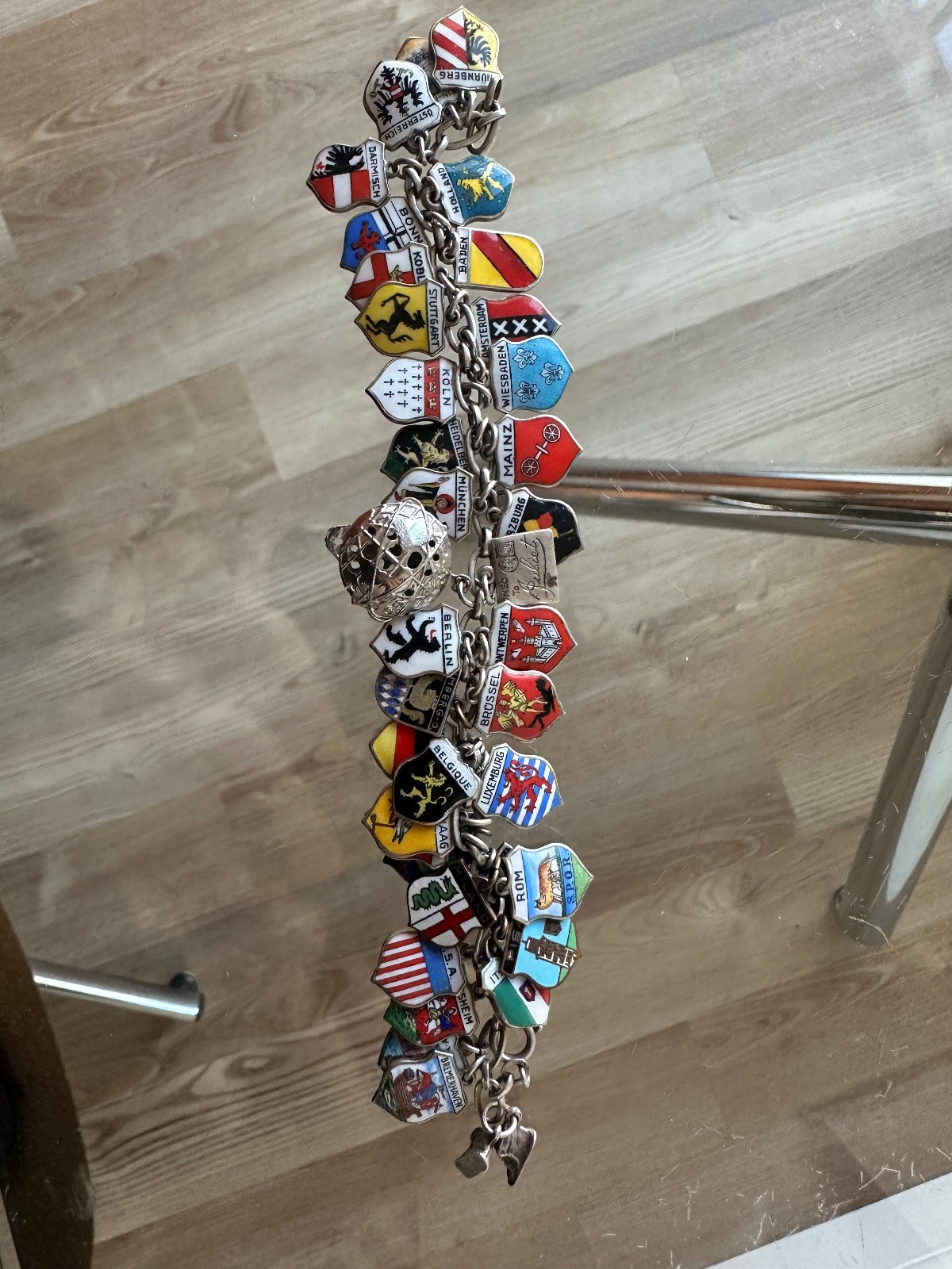 Sterling Silver Charm Bracelet & 35 Enamel European US Souvenir Travel Shields