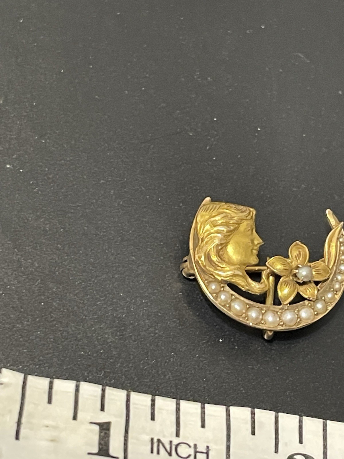Vtg Brooch Pin Art Nouveau Deco 14K Gold Sees Pearl Woman Crescent Moon Flower
