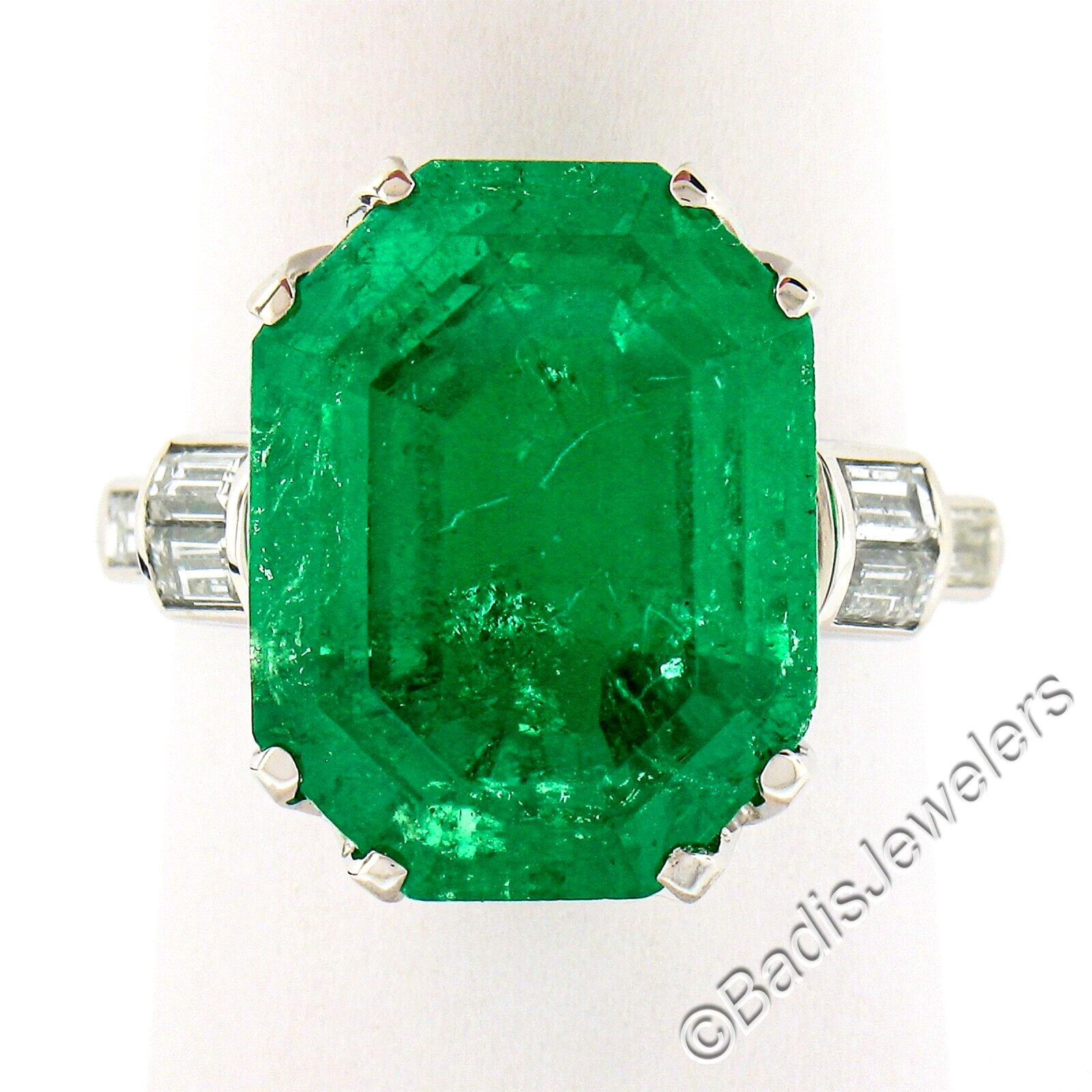 Vintage Platinum 12.16ct AGL Emerald Cut Colombian Emerald Diamond Cocktail Ring