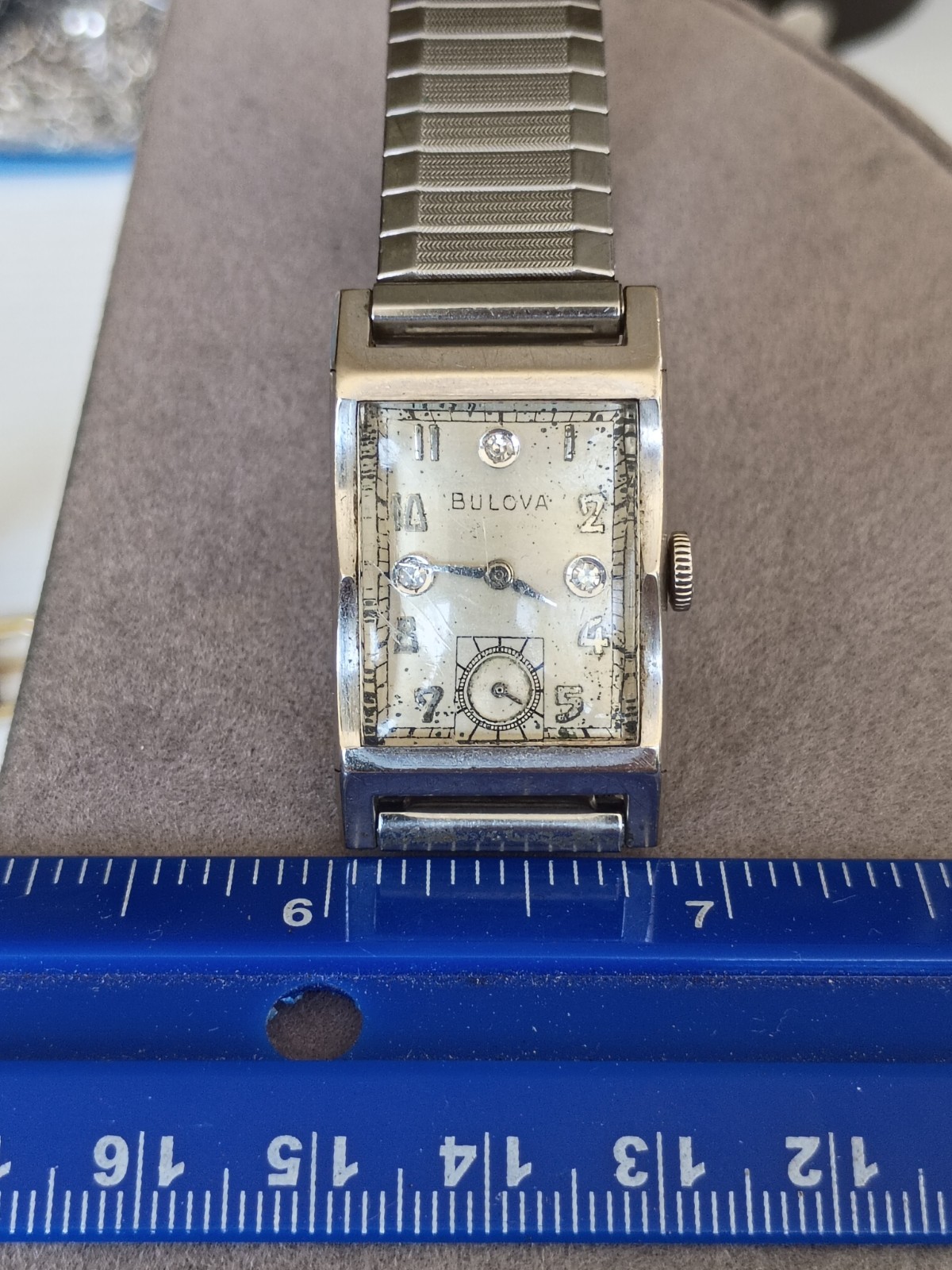 💥 Art Deco Vintage Bulova 14K Gold Wristwatch With Diamond Dial 💥Working 💥