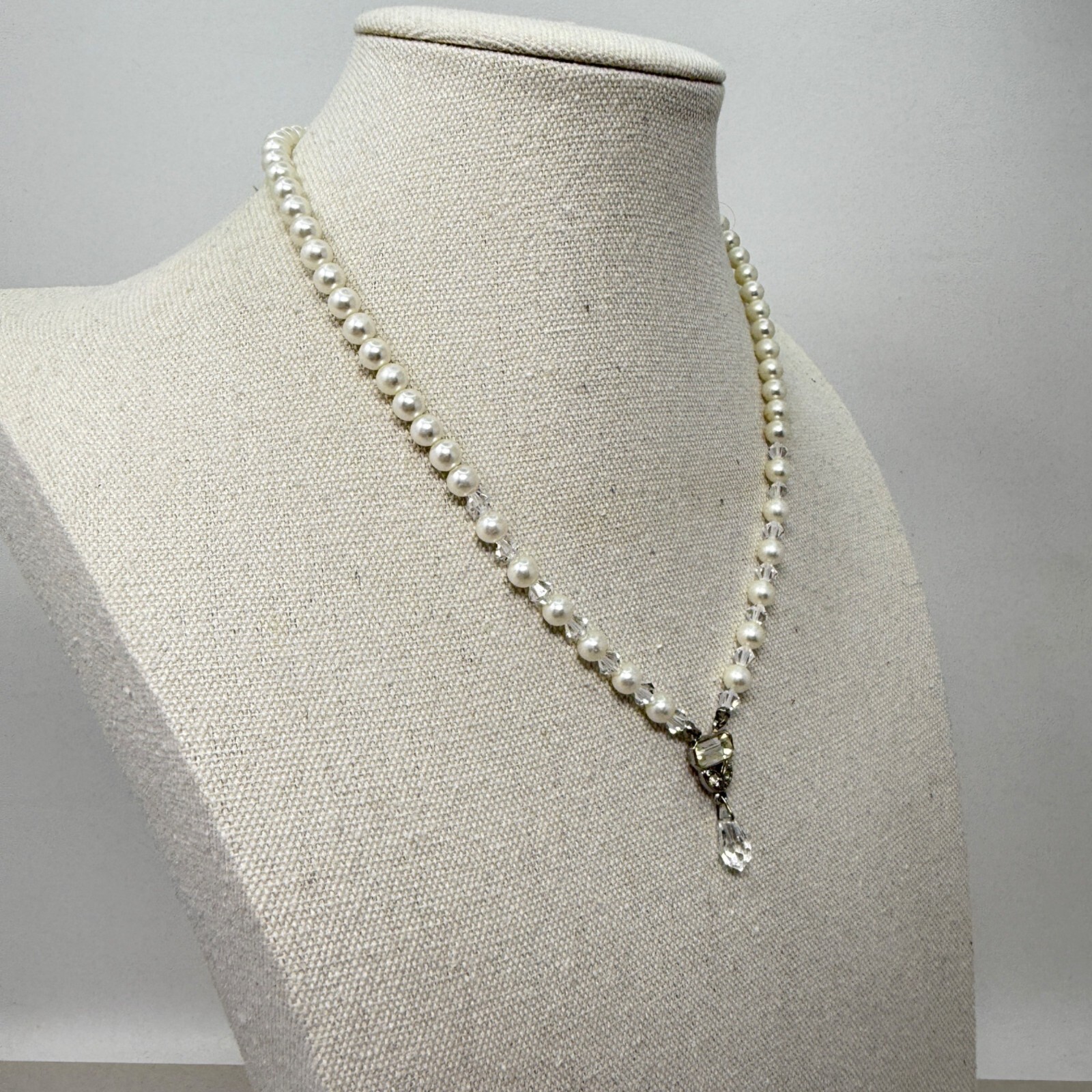 Vintage Faceted Crystal Bead Necklace Faux Pearl Silver-Tone Classic Elegant