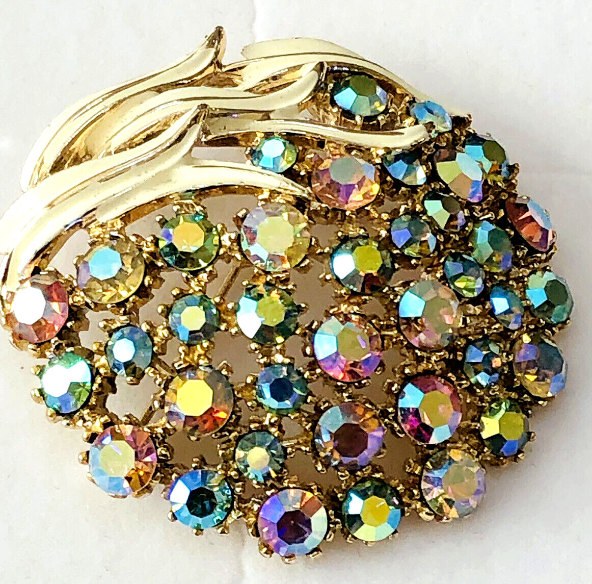 Vintage ART/ Arthur Pepper Aurora Borealis Rhinestone & White Enamel Leaves Pin