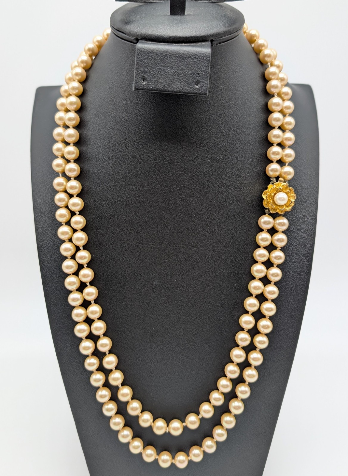 Vintage Faux Imitation Pearl Two Strand Flower Necklace 23″