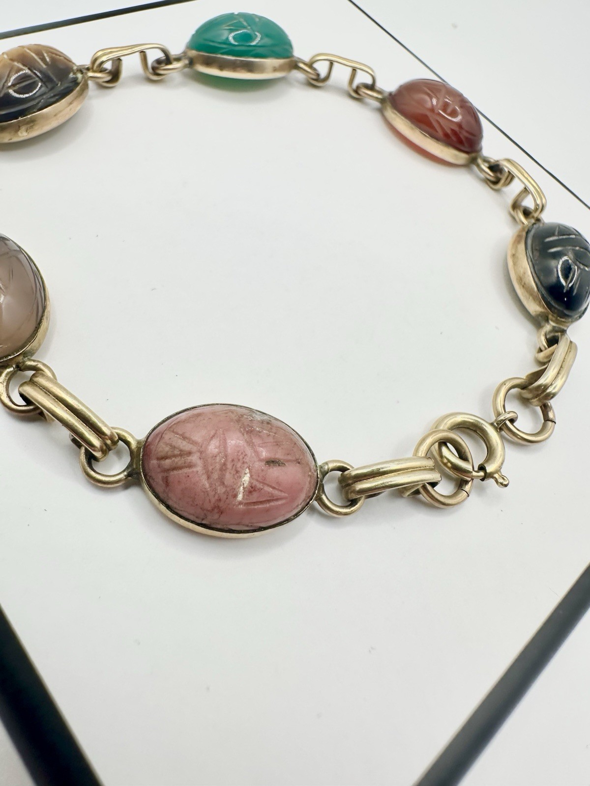 VTG 12k Gold Filled Multi Gemstone Scarab Bracelet 8in 12g Signed Estate Read