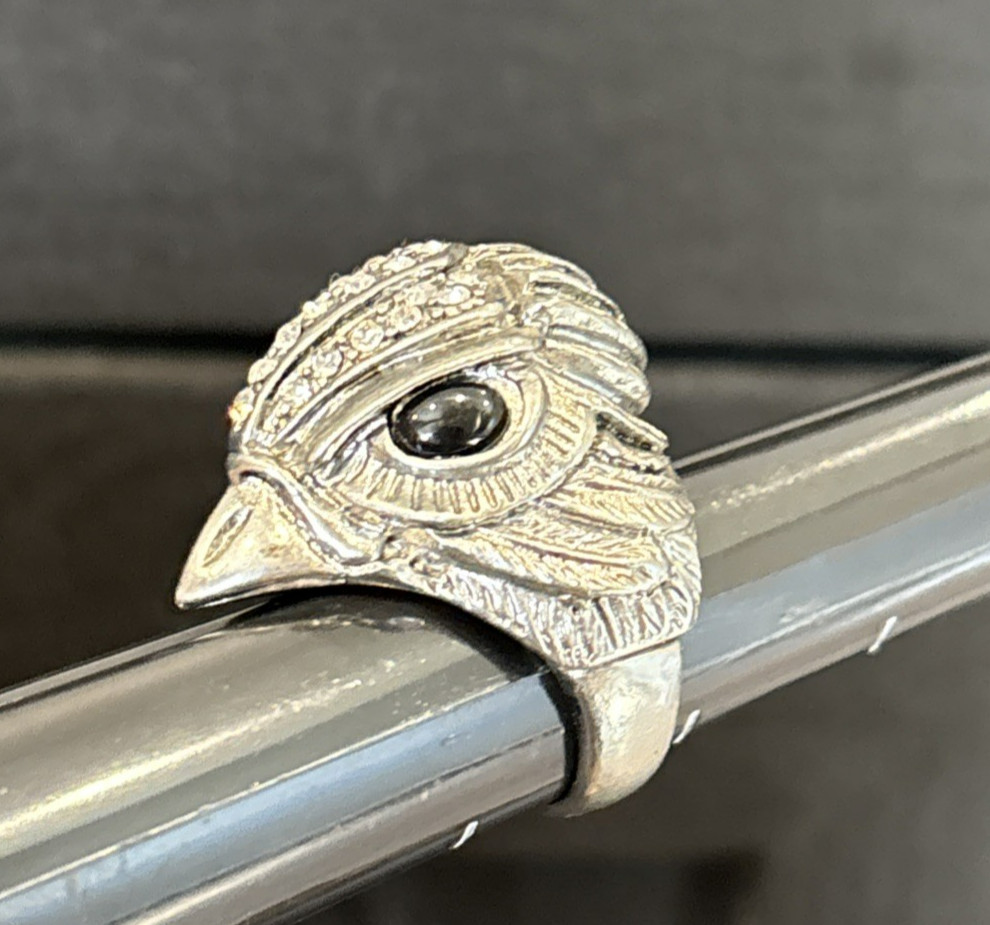 Silver Tone Statement Bird Head Ring Clear Rhinestones Faux Onyx Eyes Size 6.5