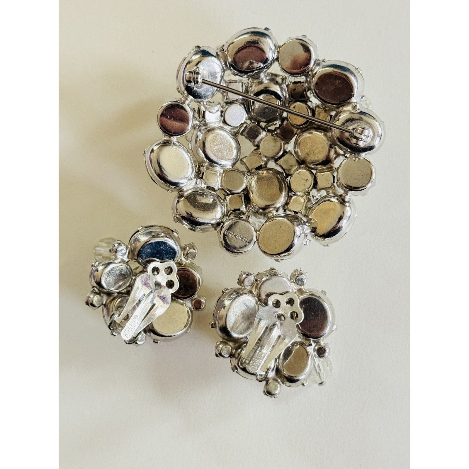 VTG Kramer Signed Pin Brooch Clip Earrings Matching Set Crystal Rhinestone Rare