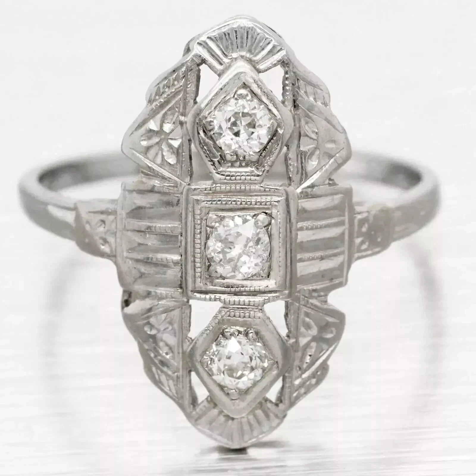 Art Deco Style Round Lab Created Diamond Three Stone Engagement Ring 14K Gold FN