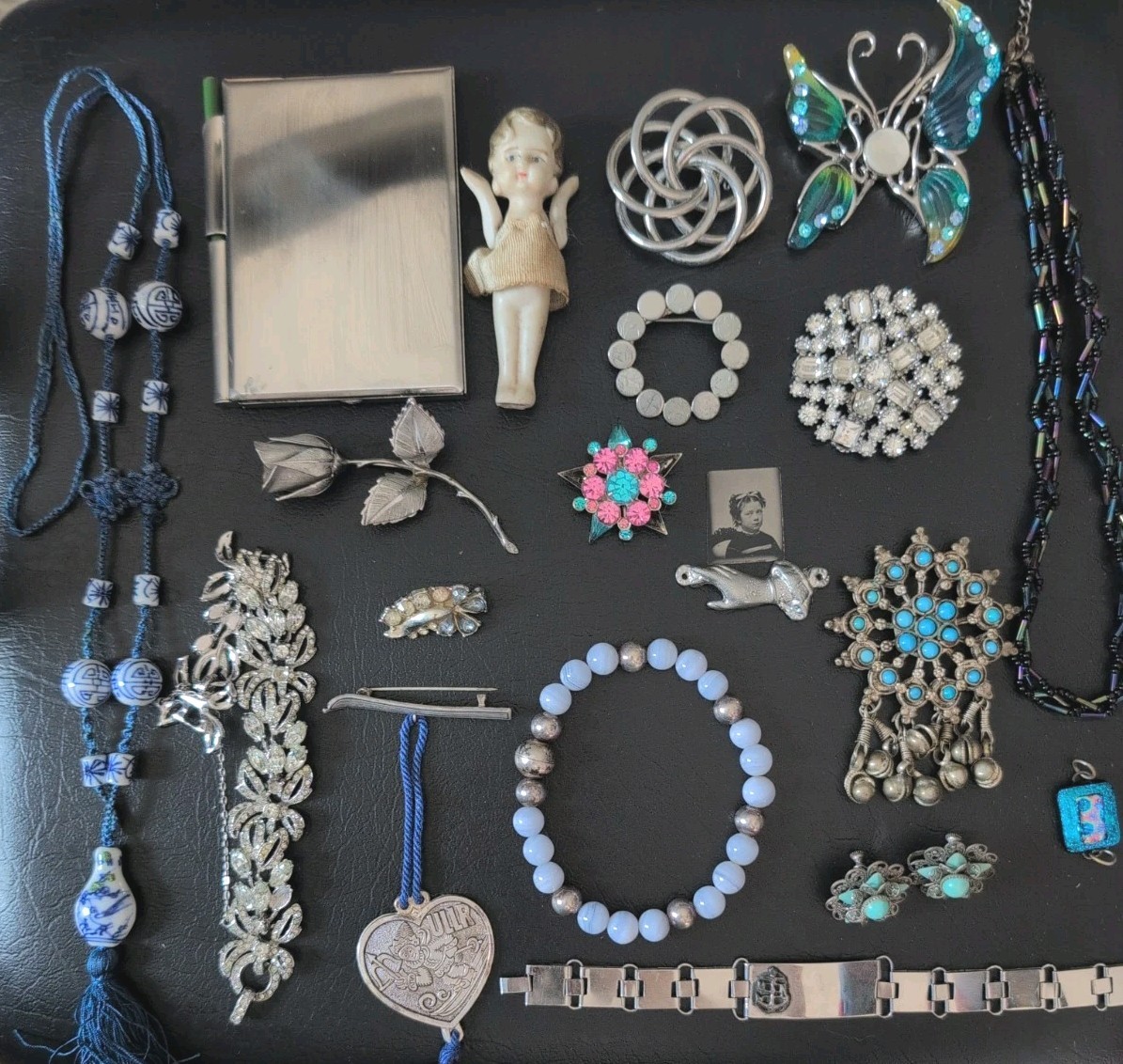Vintage Mid Century Mod Estate Jewelry Lot Brooch Earrings Larimar Bracelet Doll