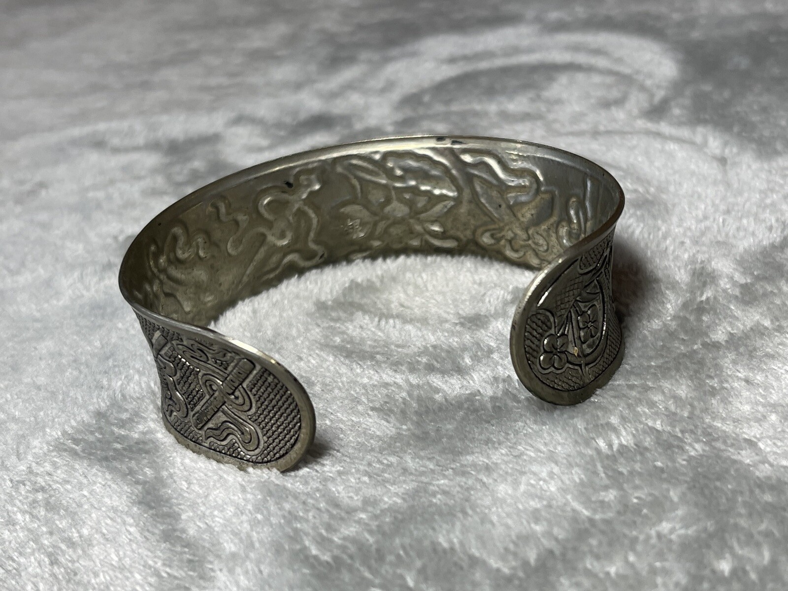 Silver Tone Metal Bracelet w Flowers, Daggers & Other Designs Signed !!