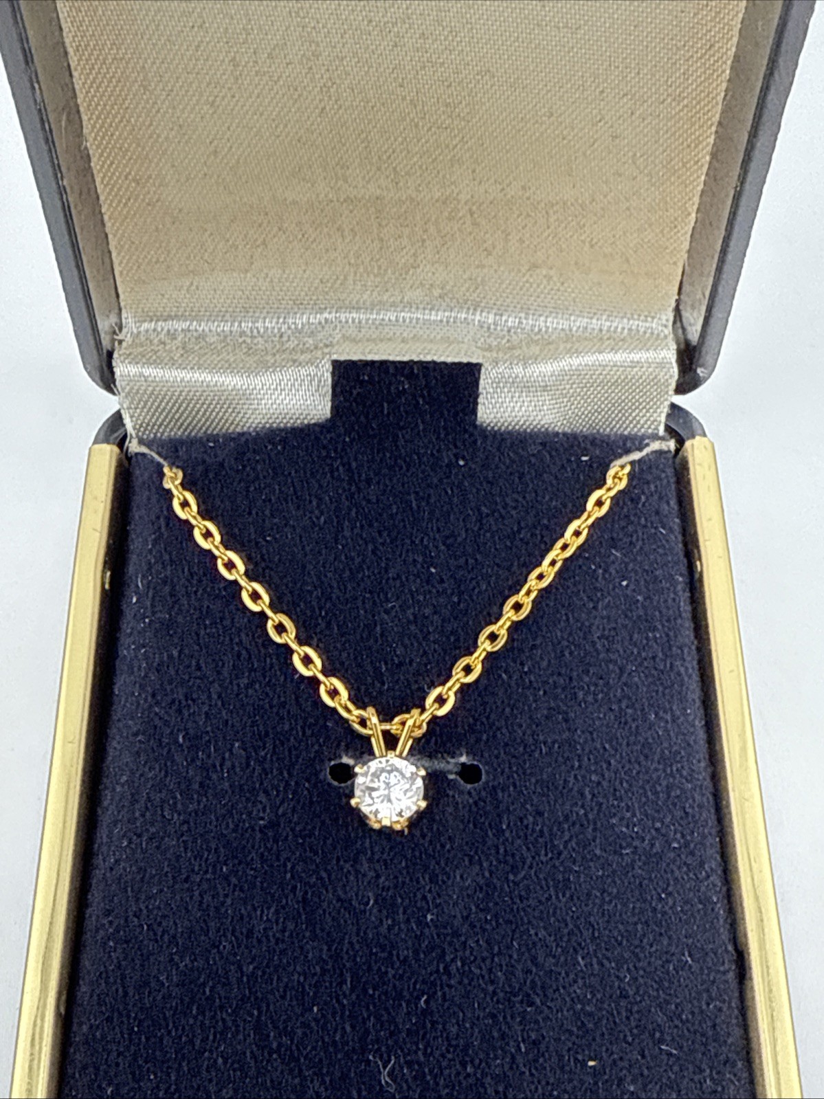 Yellow Gold Toned 5mm .75ct CZ Solitaire Pendant 16” Necklace NIB