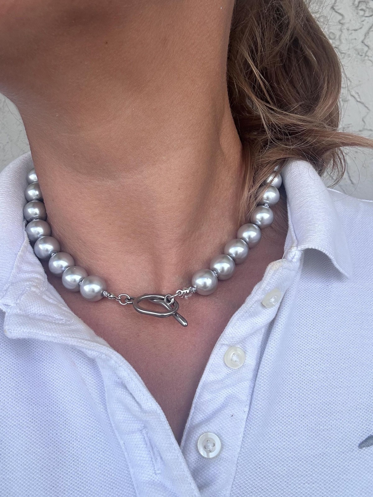 Minimalist Light Grey Glass Pearl Choker Stainless Toggle