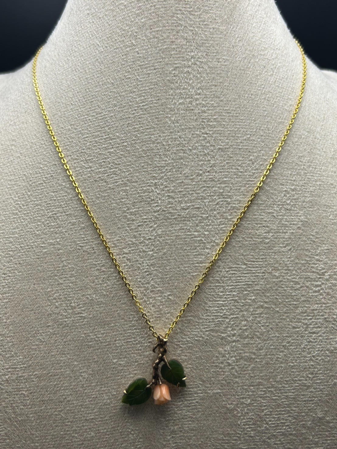 Vintage Japanese Carved Coral Rose Pendant Green Jade Leaves Gold Tone Charm