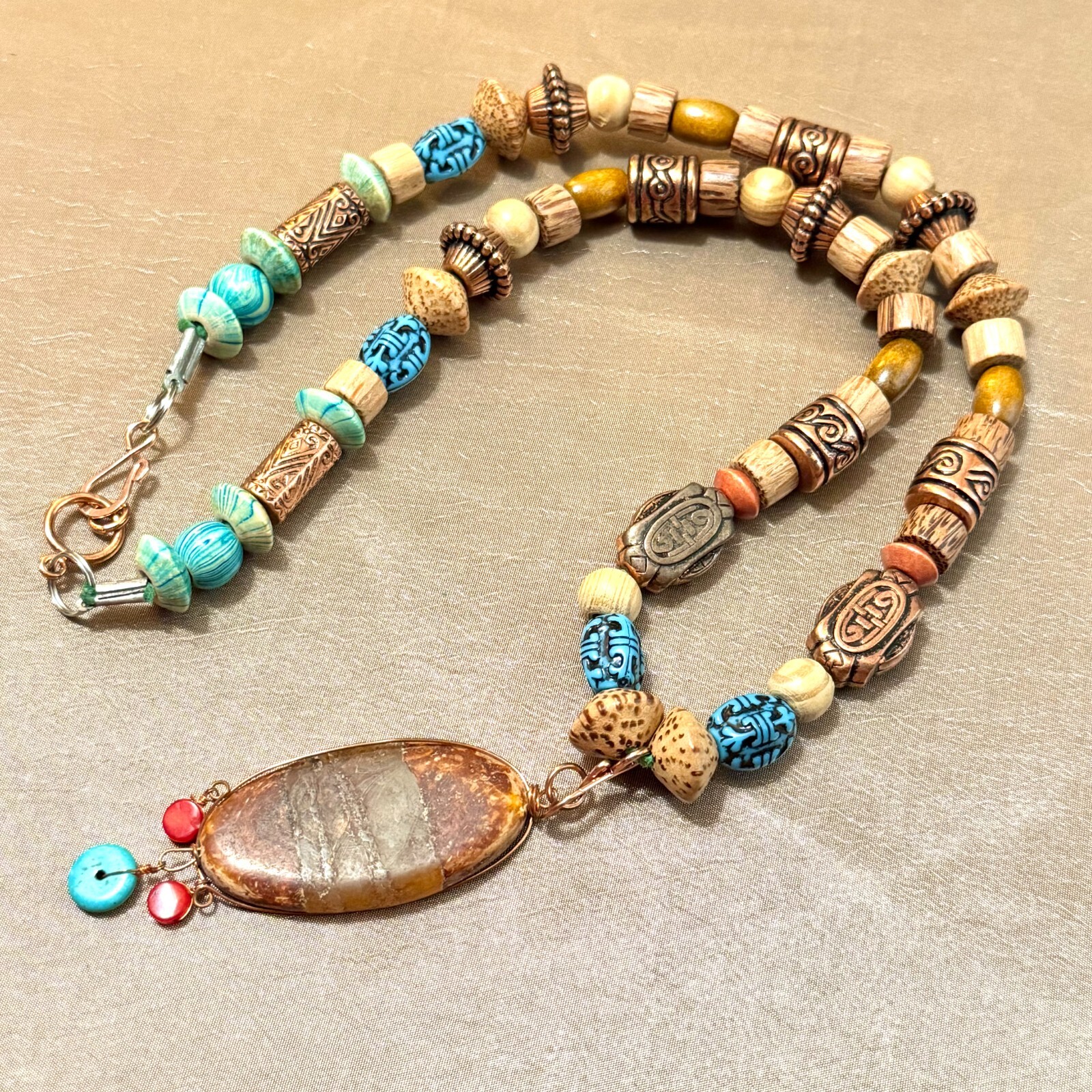 Boho Turquoise Beaded Necklace, Blue & Brown in Wood, Stone, Nut, & Metal – 25″