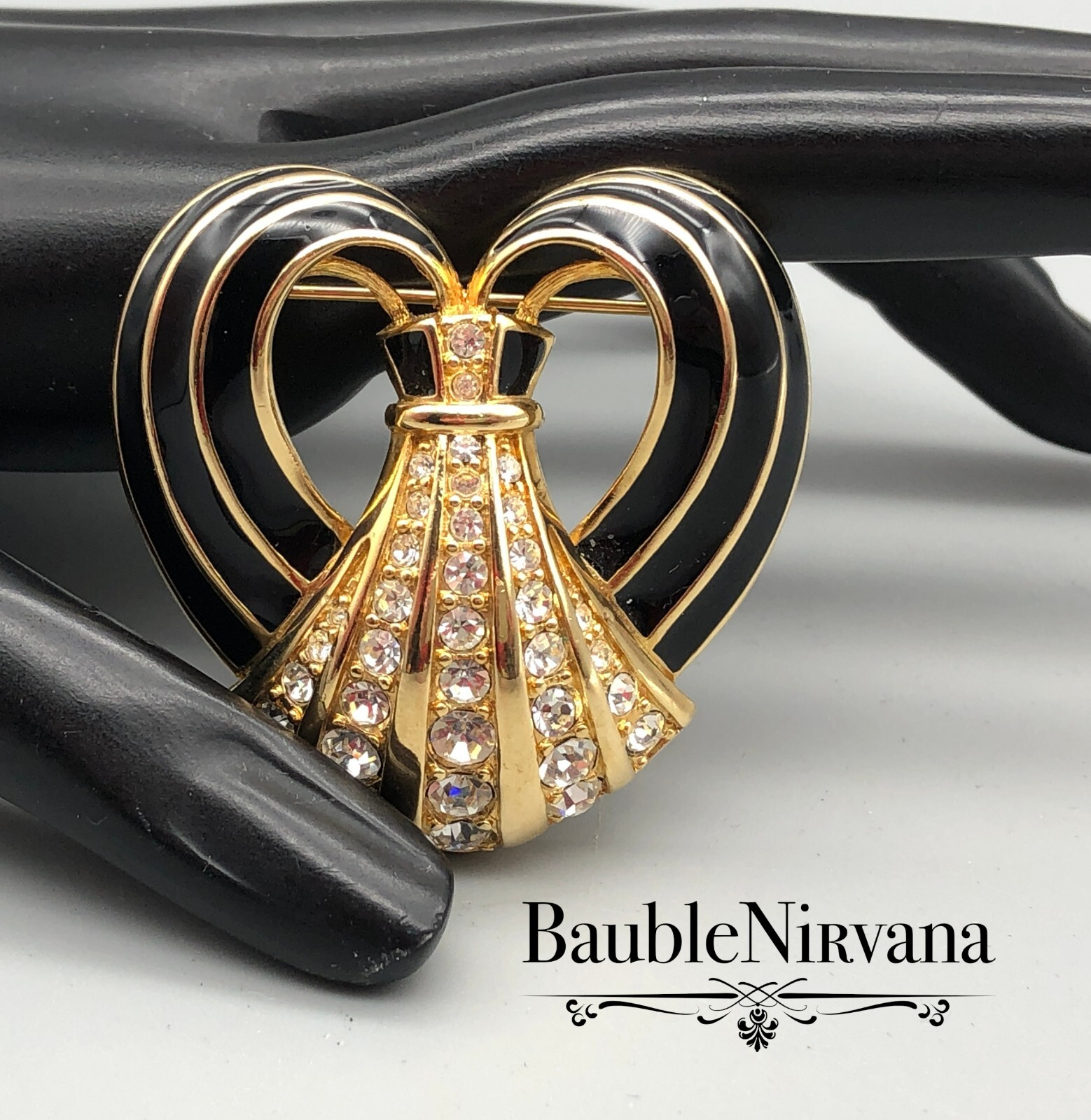 Vintage Swarovski Black Enamel & Clear Austrian Crystal Heart Ribbon Brooch Pin