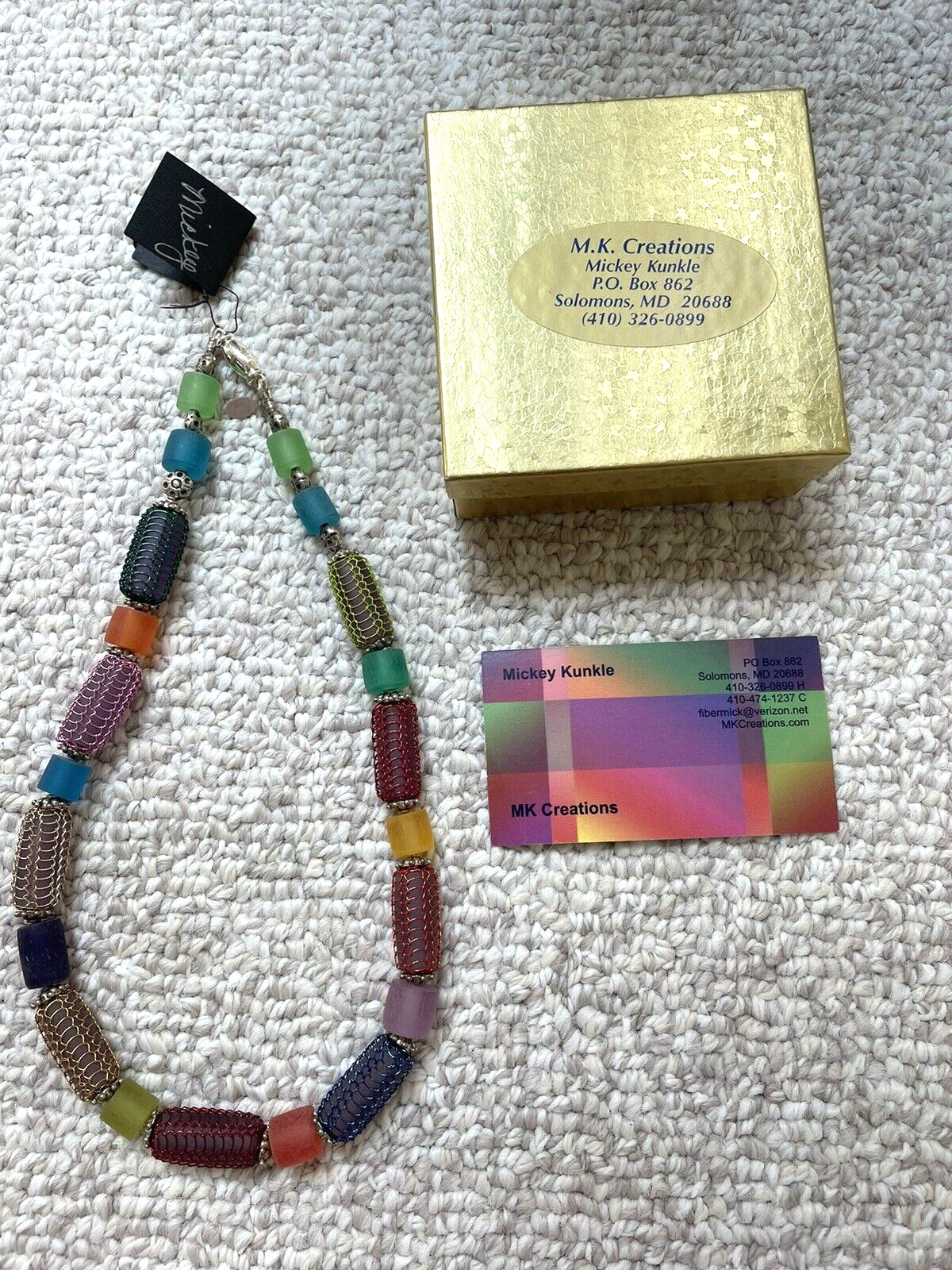 Vintage signed Artisan MK Micky Krunkle Caged Art Glass Beaded 19″ Necklace