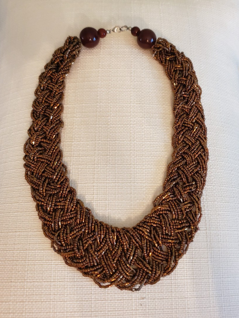 HANDCRAFTED WOMEN’S WOVEN ARTISAN BEADED & BRAIDED NECKLACE BRONZE COLOR