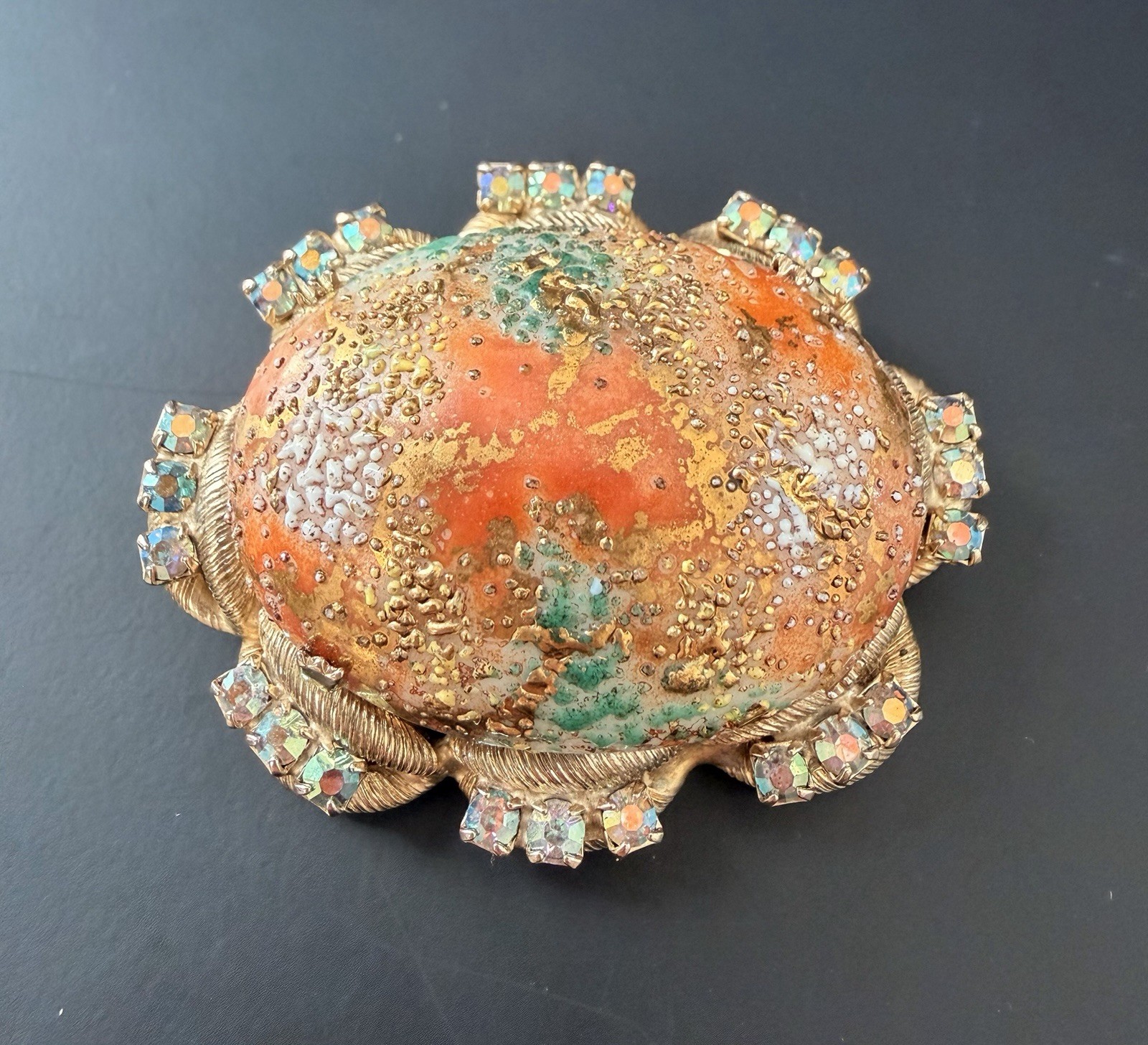Vintage Easter Egg Orange Glass Cabochon and Clear Crystal Gold Tone Brooch