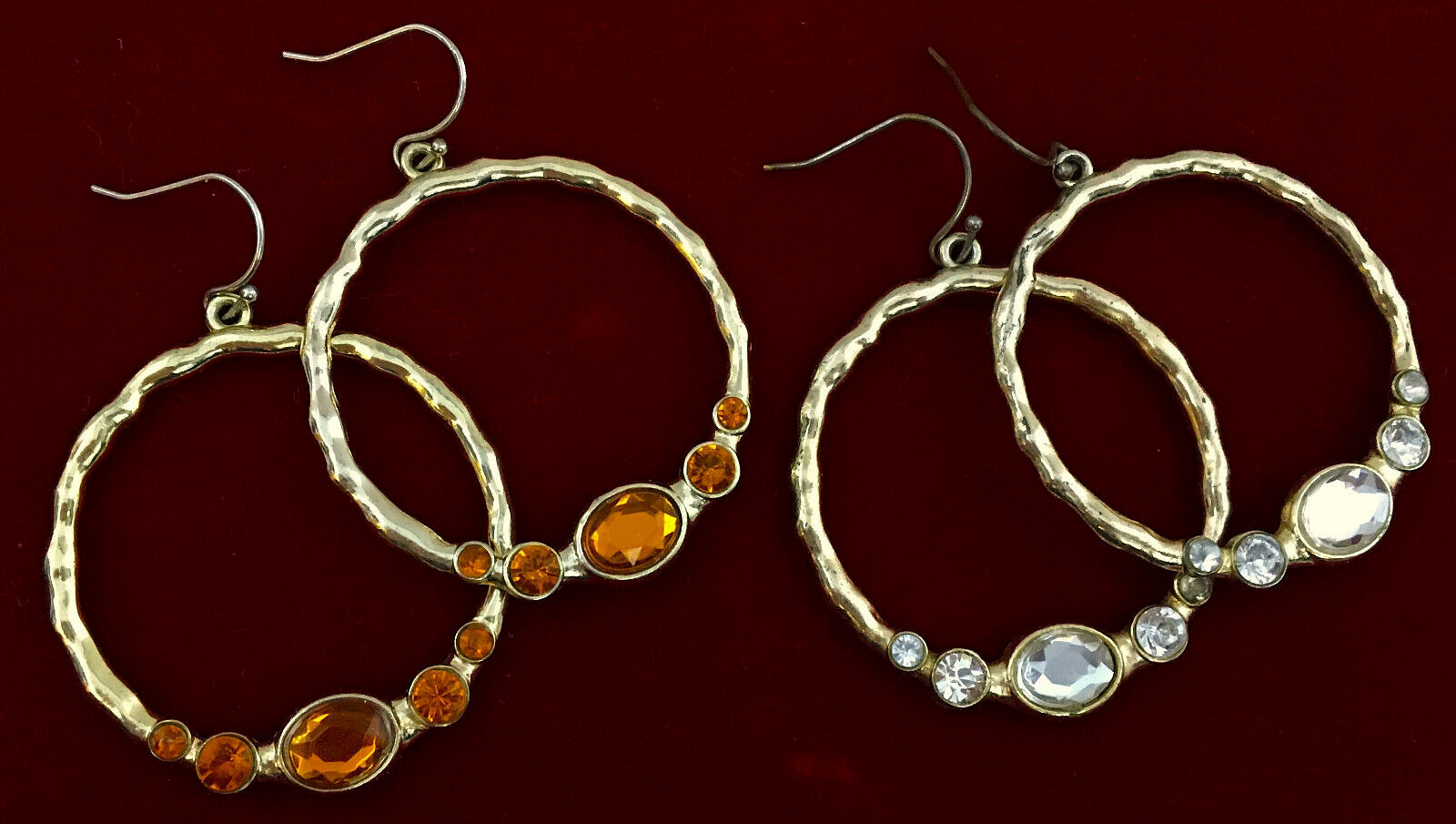 2 Pair VTG AVON Dangling Hoop Earrings GoldTone With Orange Clear Rhinestones