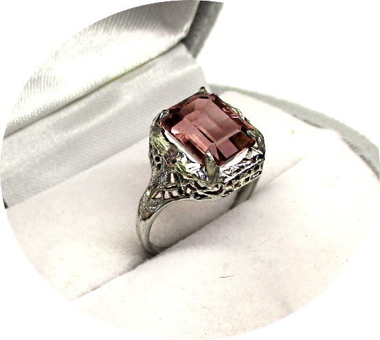 Gorgeous Rosy-Pink TOURMALINE Ring – Art Deco Filigree – 14k Solid White Gold…