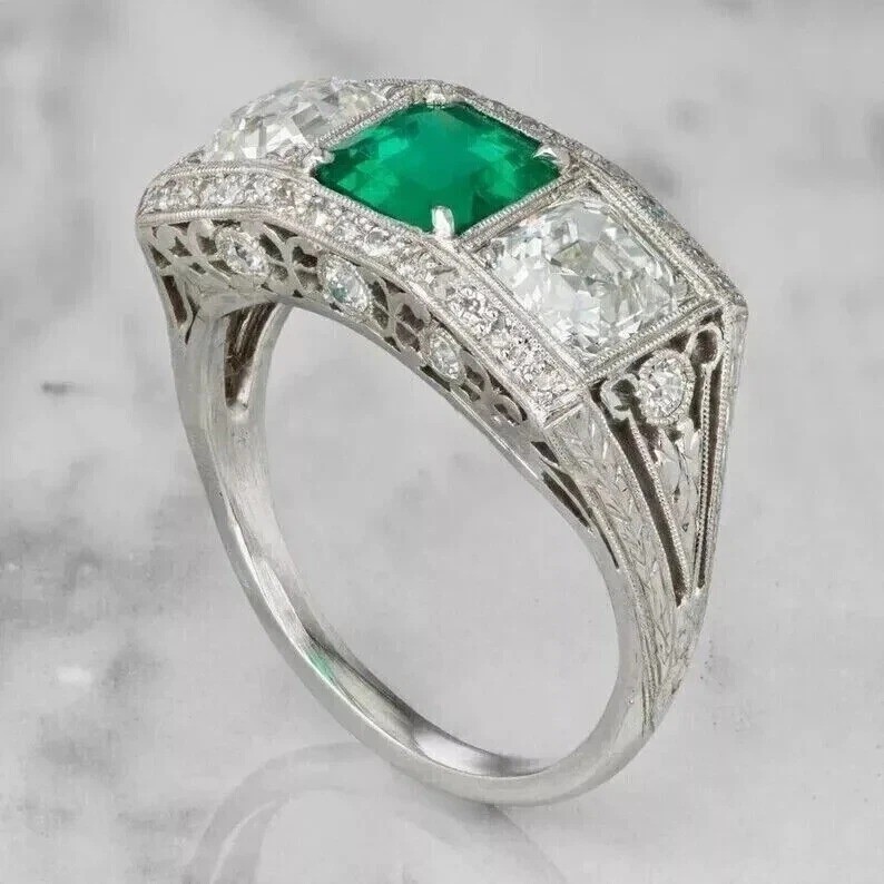 Vintage Art Deco Style Filigree 4.5Ct Lab Created Emerald 14K White Gold FN Ring