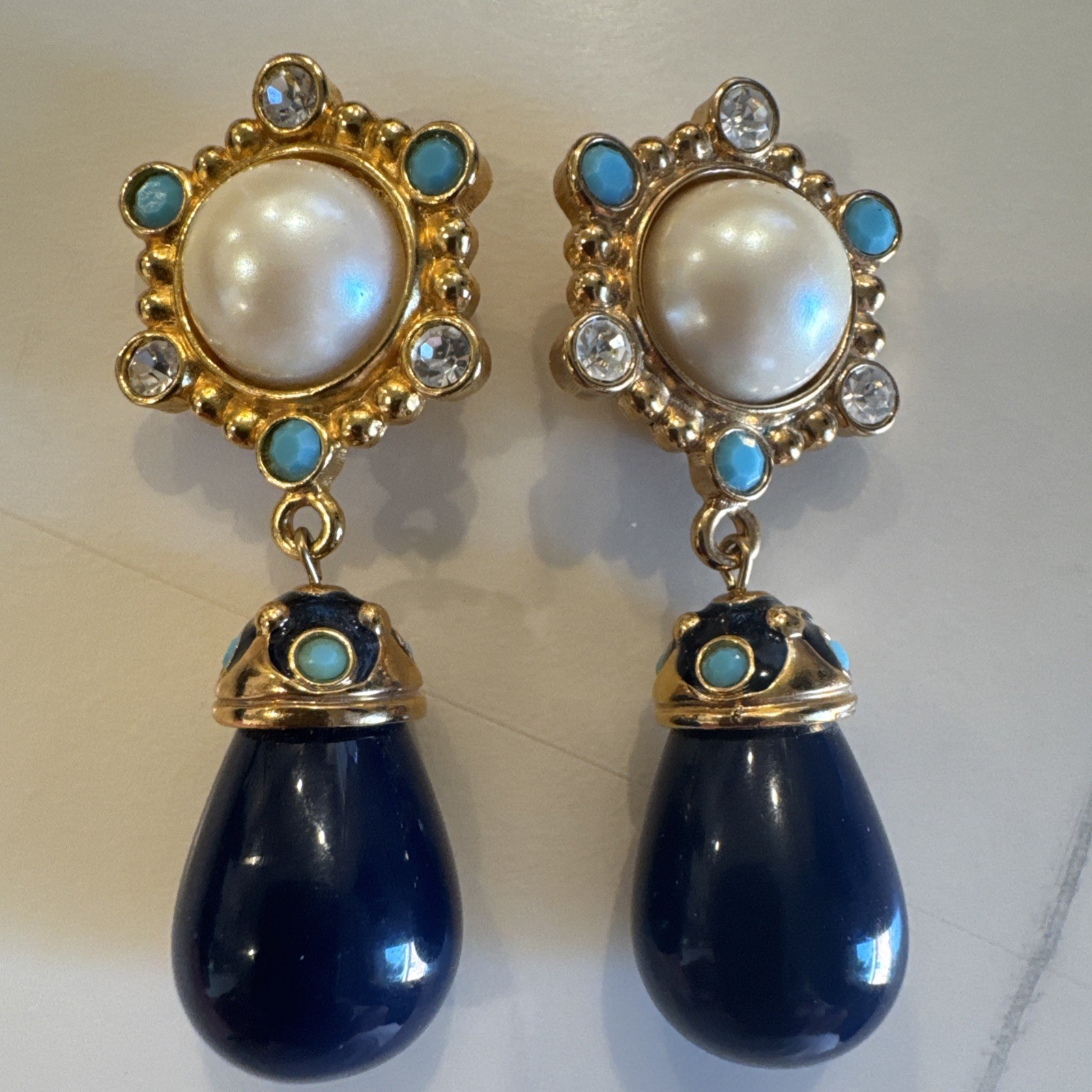 Vintage Barrera for Avon Roman Holiday Majestic Faux Stone Dangle Clip Earrings