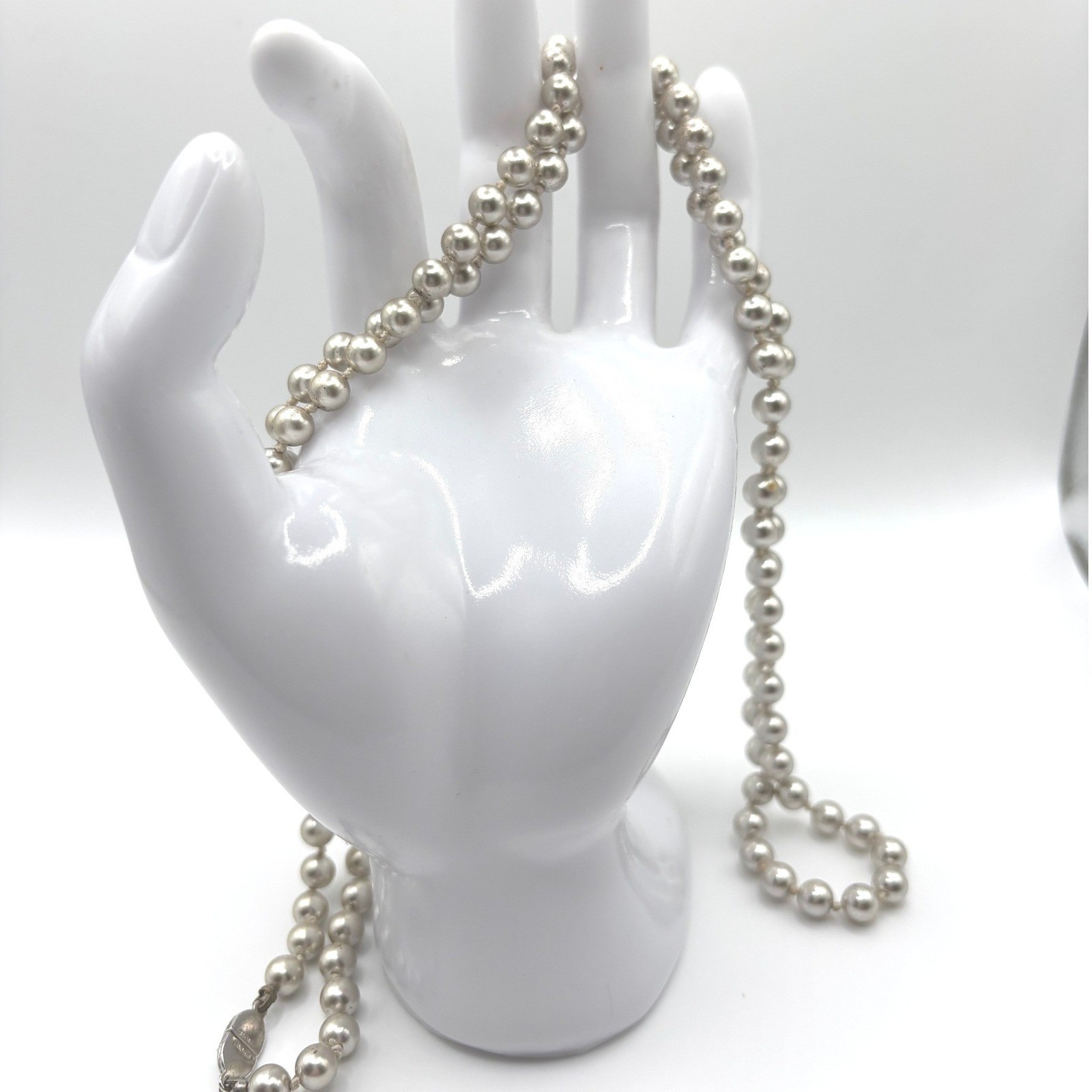 Monet Vintage Faux Pearl Strand Necklace Champagne Silver Tone Signed Clasp 30in