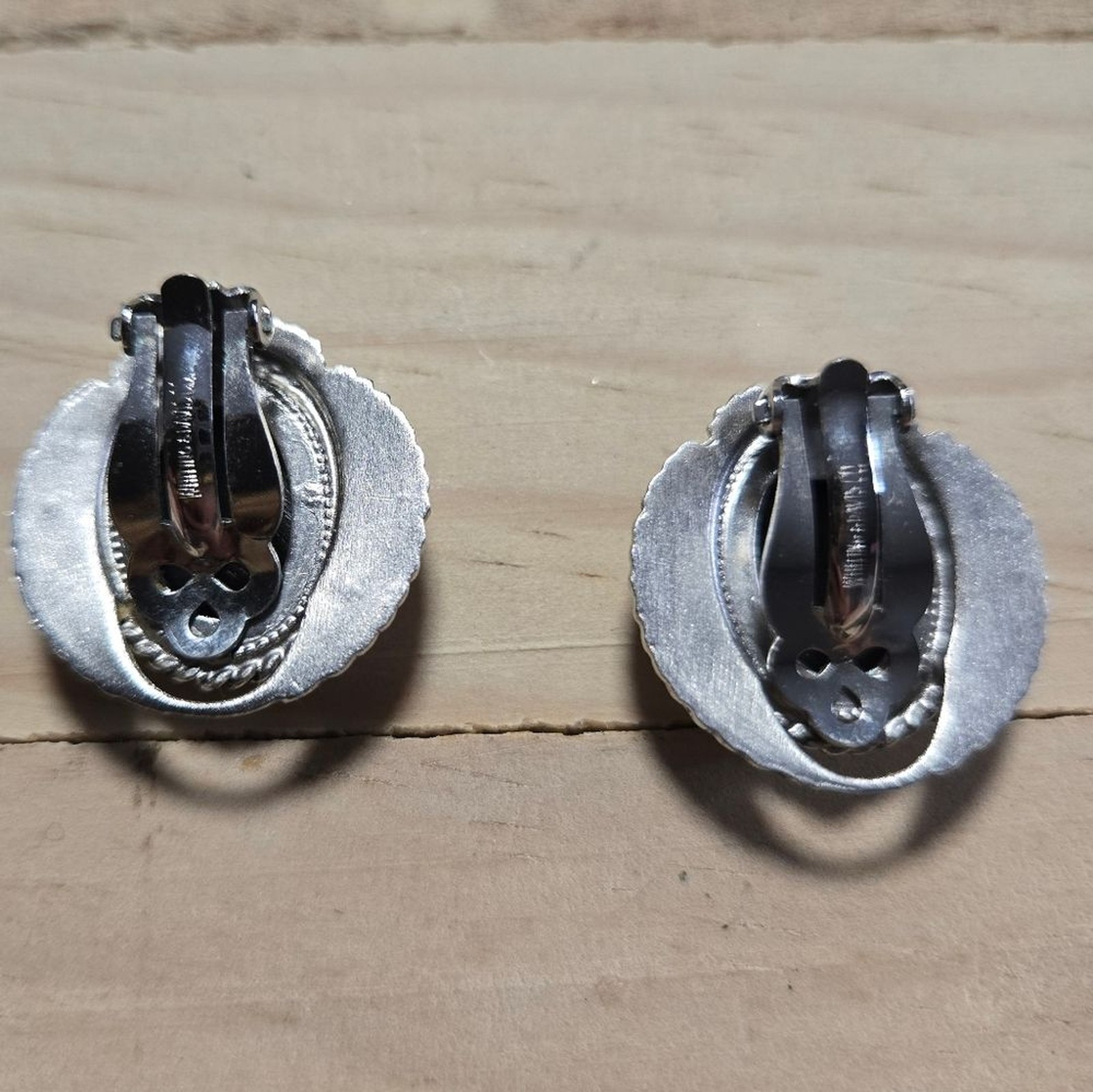 Whiting & Davis Silver Tone and Hematite Clipon Earrings with Intricate Design