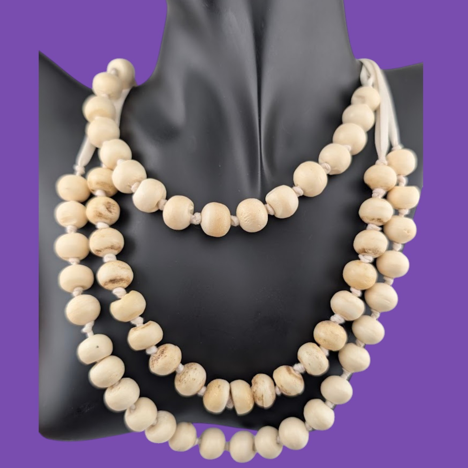 3-TIER COW BONE NECKLACE hand carved old beads on cream colored ribbon boho B5
