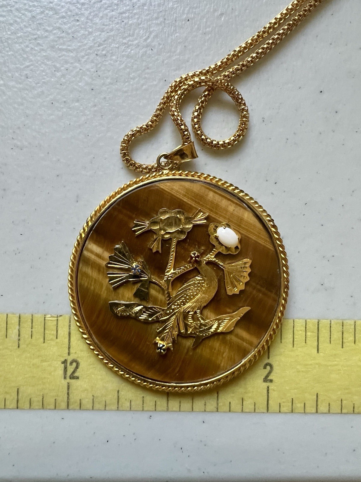 Vintage Double Sided Tiger’s Eye Gemstone Pendant With A Peacock On The Front