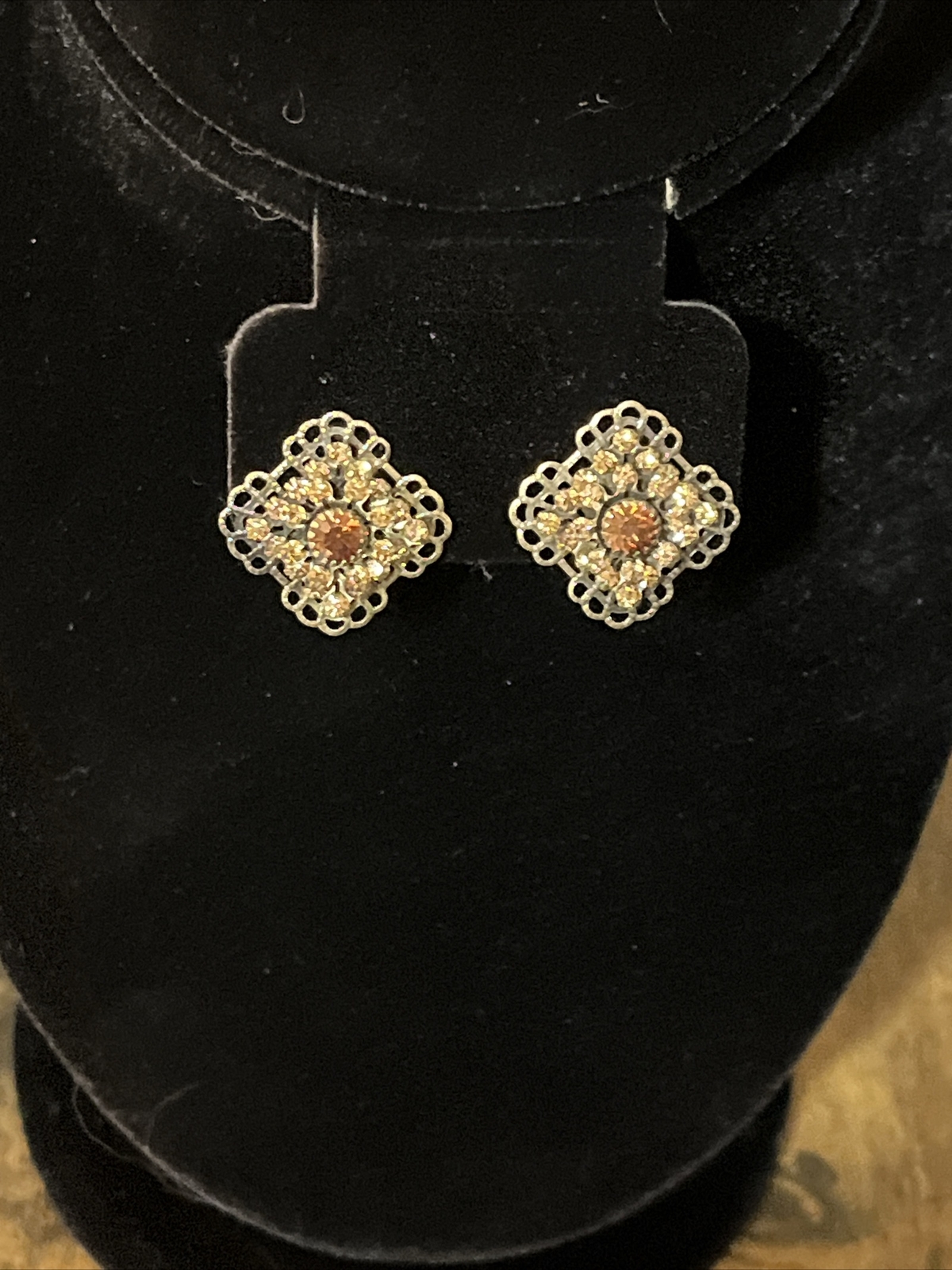 Vintage Avon Bronze Topaz Color Rhinestone Square Clip On Earring Retro Elegant