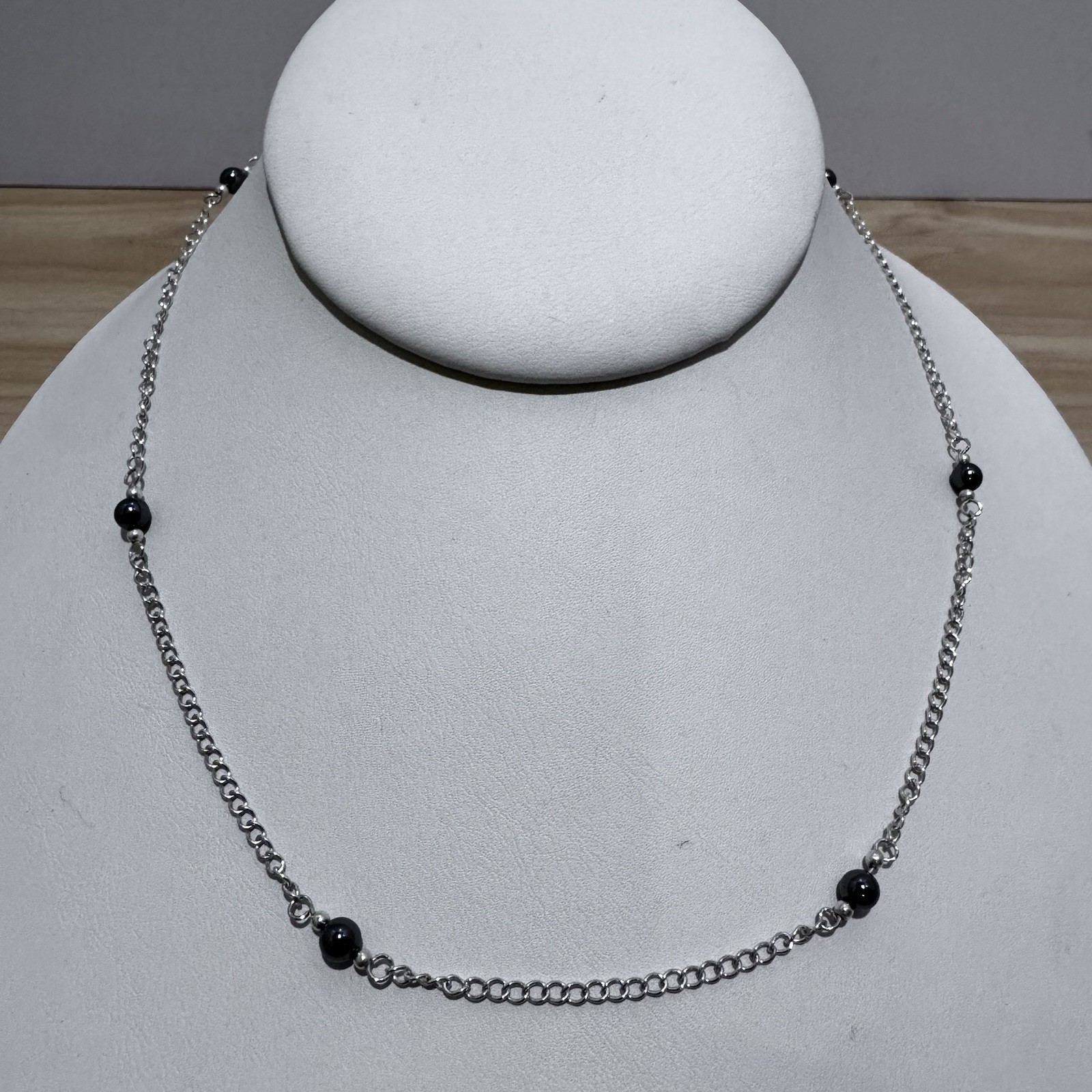 VINTAGE Sterling Silver & Hematite Bead Necklace 16” 925 Station Necklace 1990s