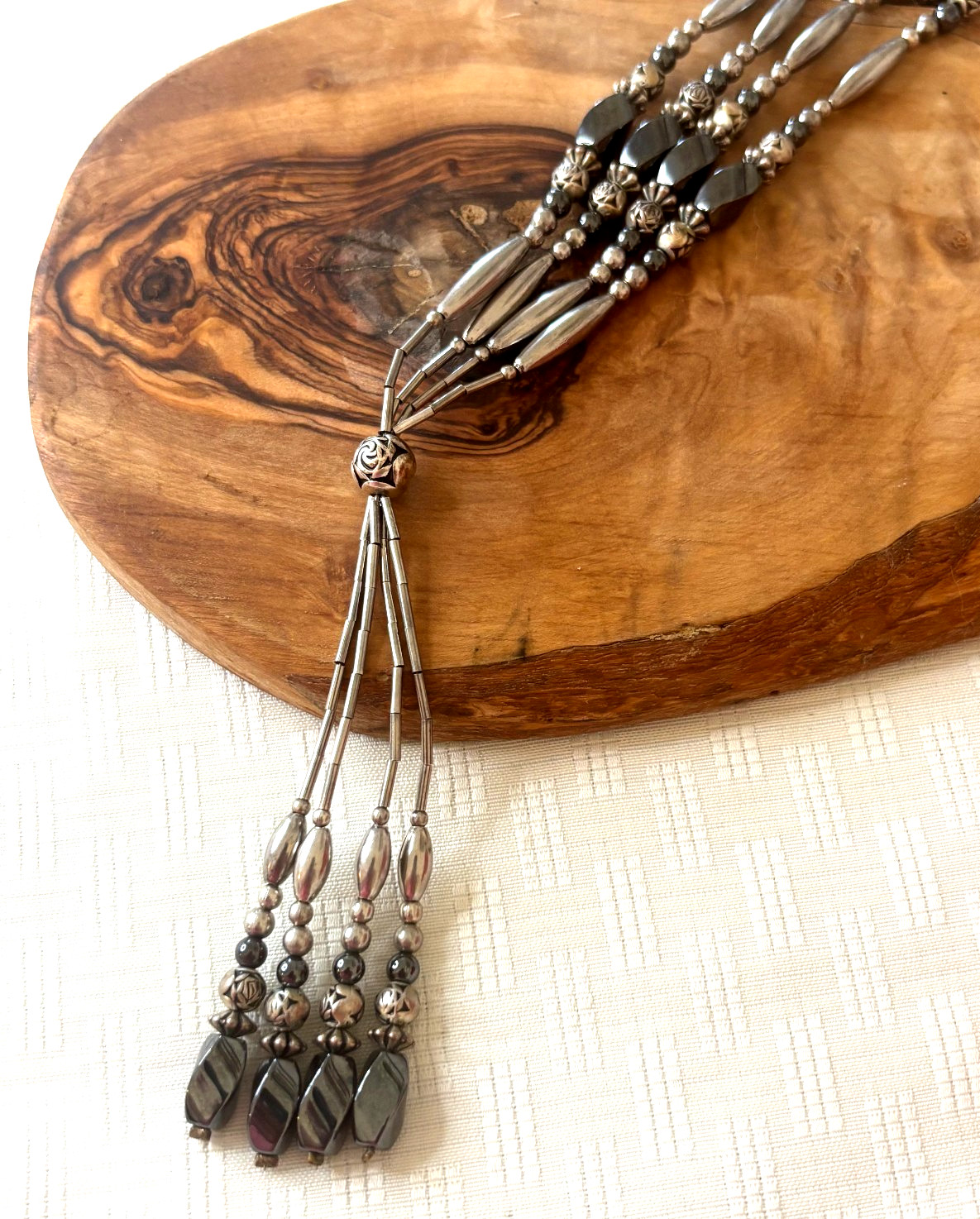 Vintage Southwestern Liquid Silver Hematite Multi Strand Lariat Tassel Necklace