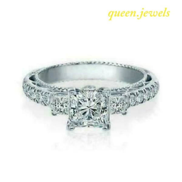 Lab Created 2.55CT Princess Cut Diamond Vintage 3-Stone Ring 14K White Gold Over