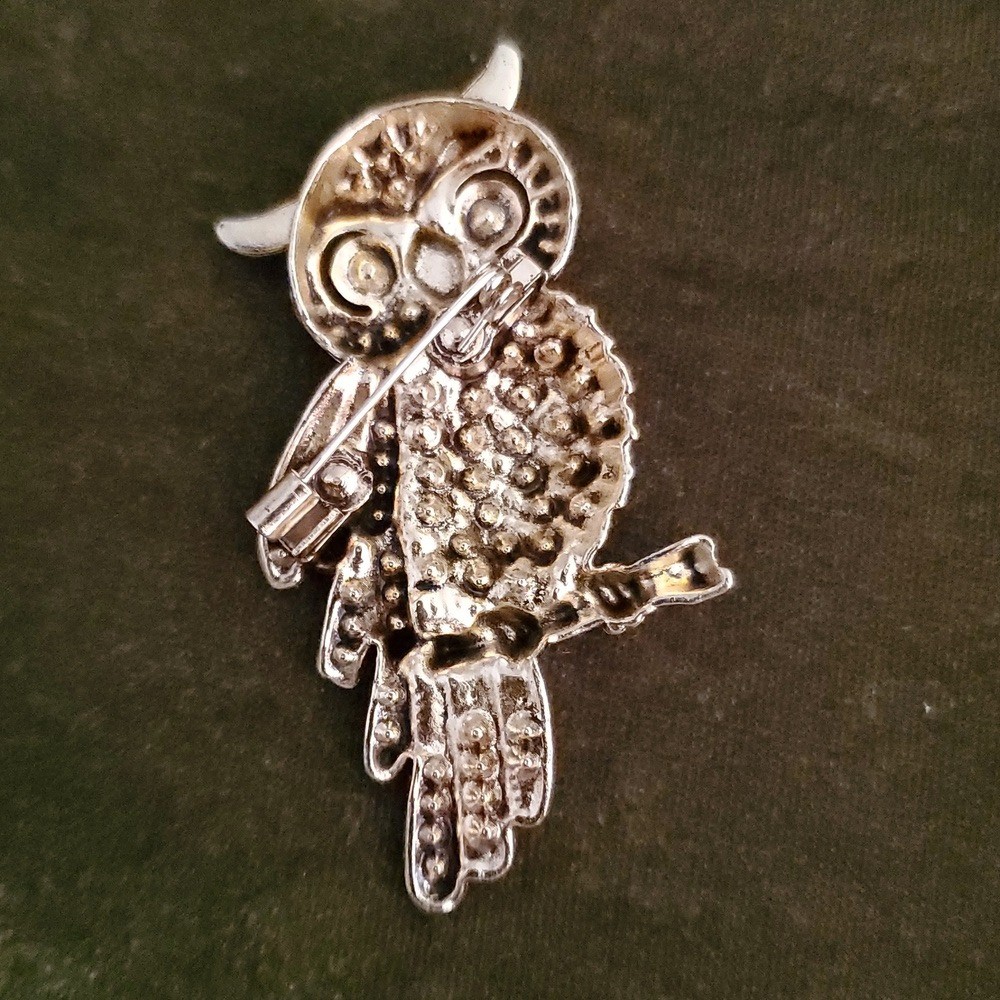Vintage Silver and Gold Owl Brooch With Rhinestones