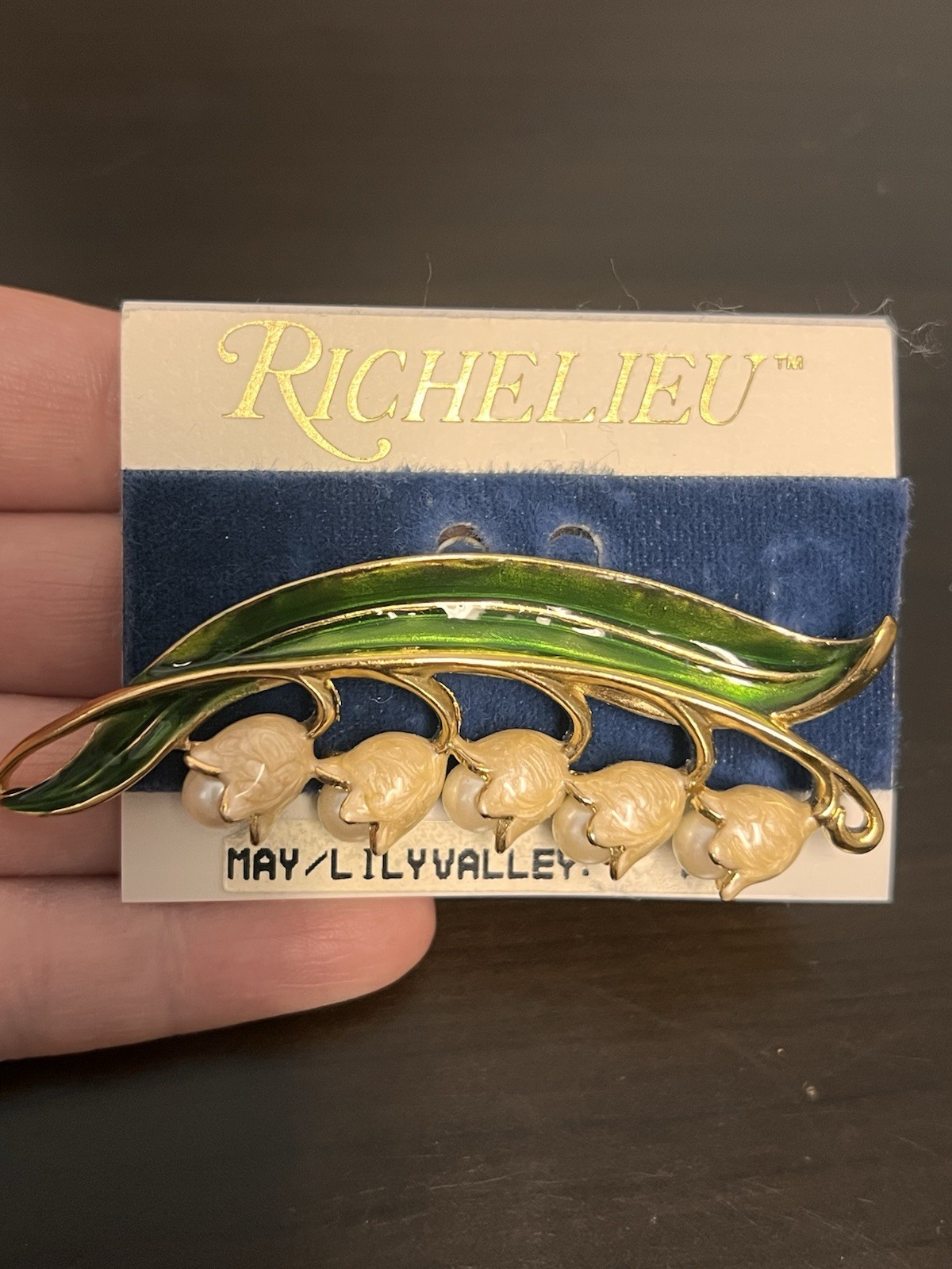 Vintage Richelieu Green Enamel Faux Pearl Lily of the Valley Flower Brooch New!