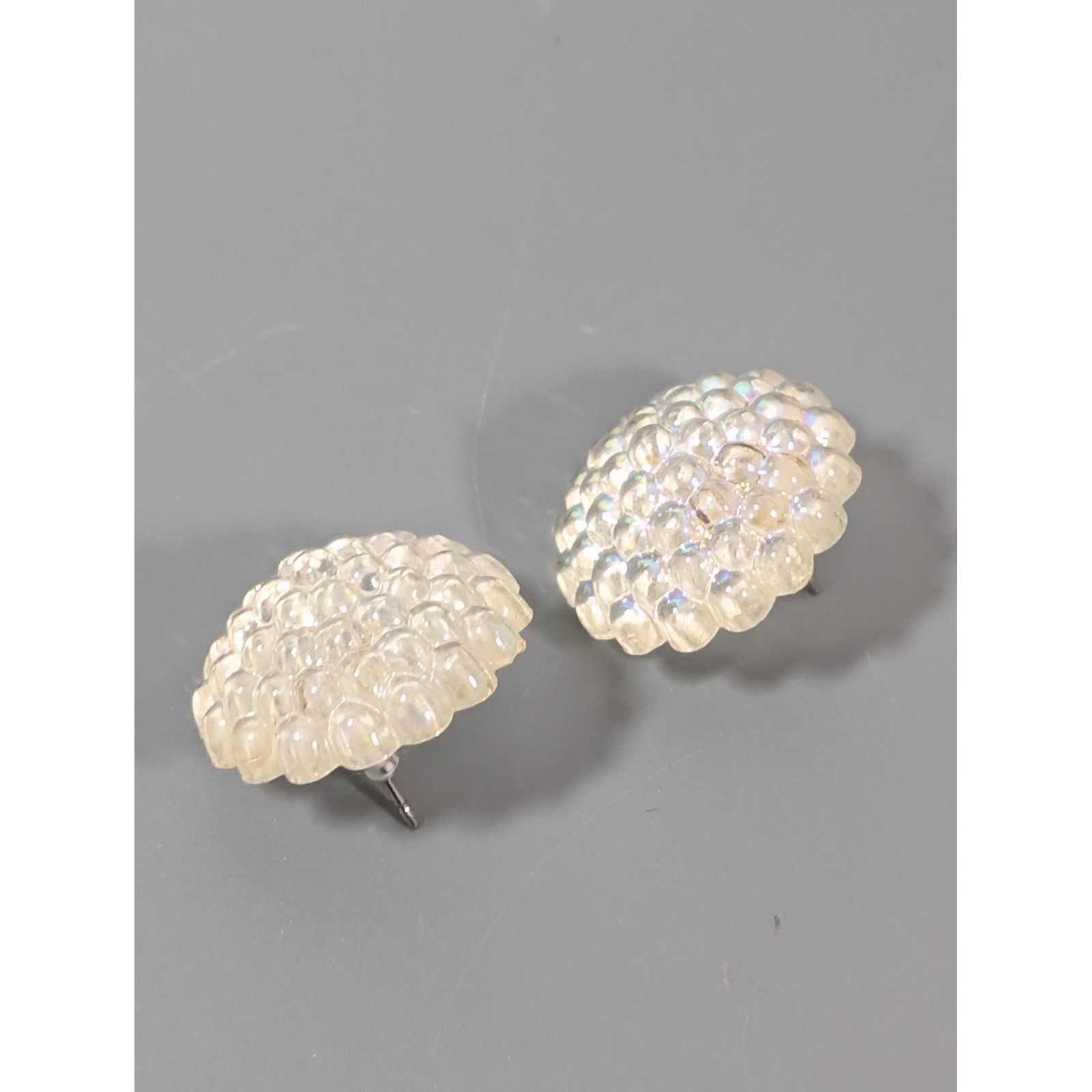 Vintage Lucite Dome Earrings Iridescent Sparkle Pierced Unsigned