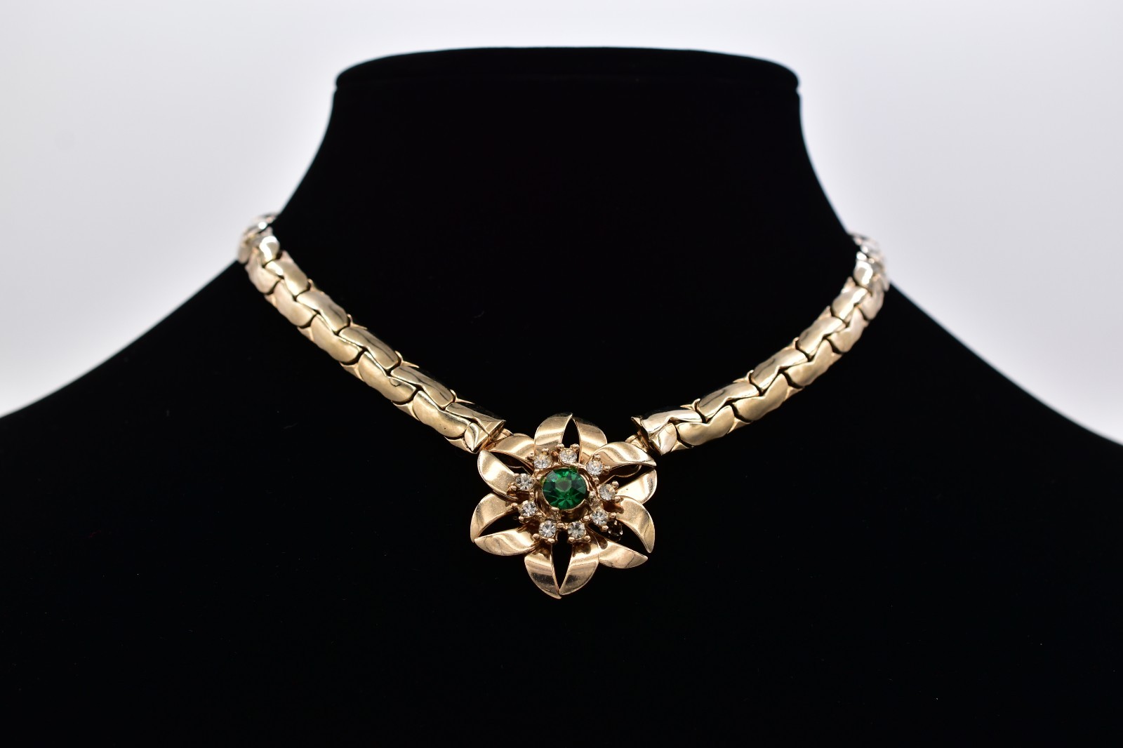 Vintage Flower Collar Choker Necklace Green Rhinestone Crystal Gold Chunky BinBN