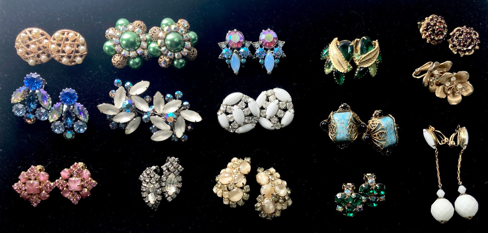 Lot of 15 Pair Vtg Rhinestone Clip On Earrings-Florenza Juliana Lewis Segal etc
