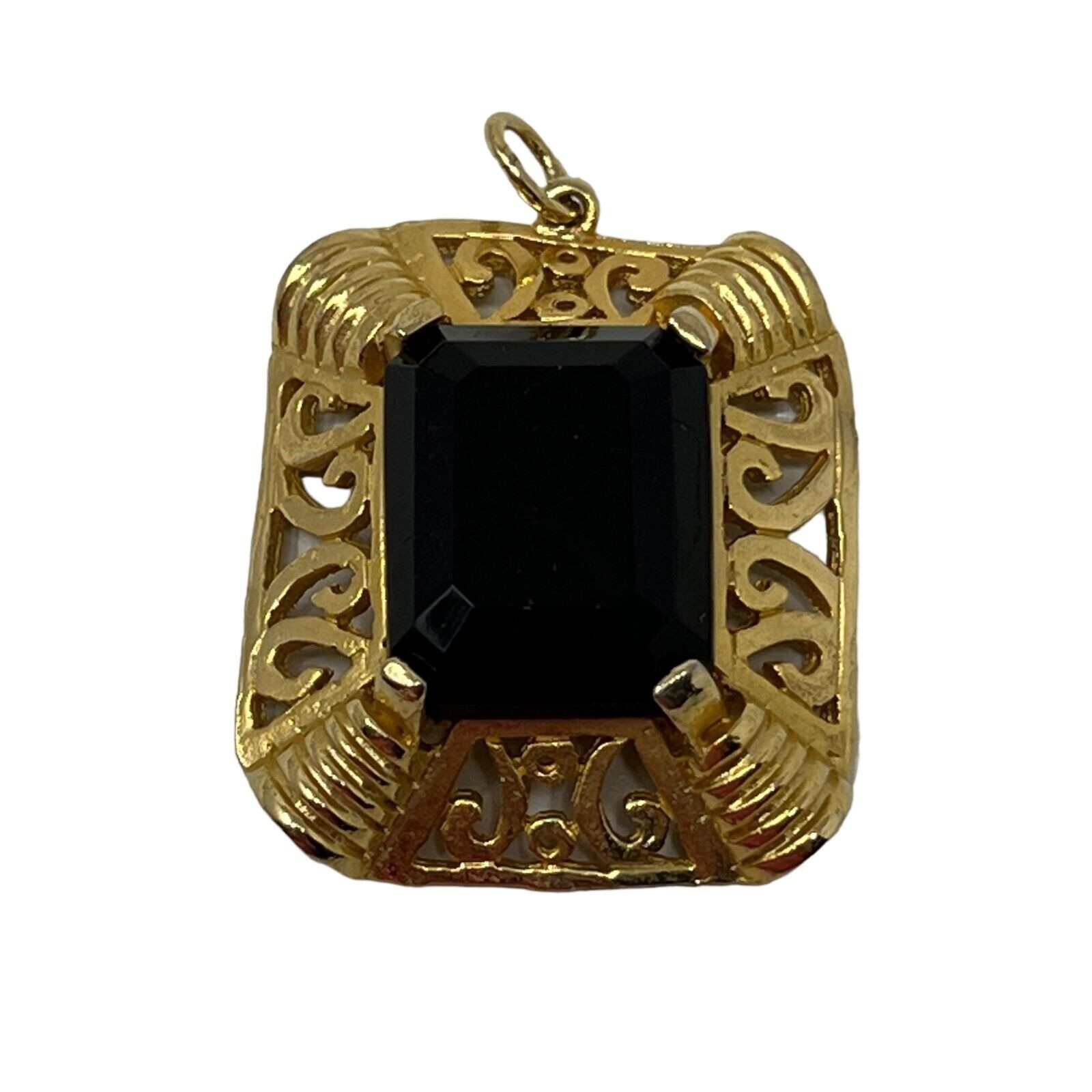 Vintage Edlee Pendant Dark Red Glass Ornate Open Scroll Gold Tone Rectangle