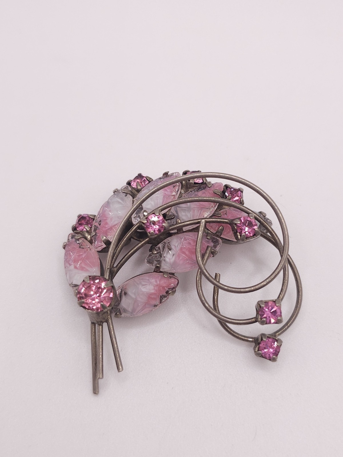 VTG Pink Givre Molded Glass Rhinestone Brooch Spray Silver Tone