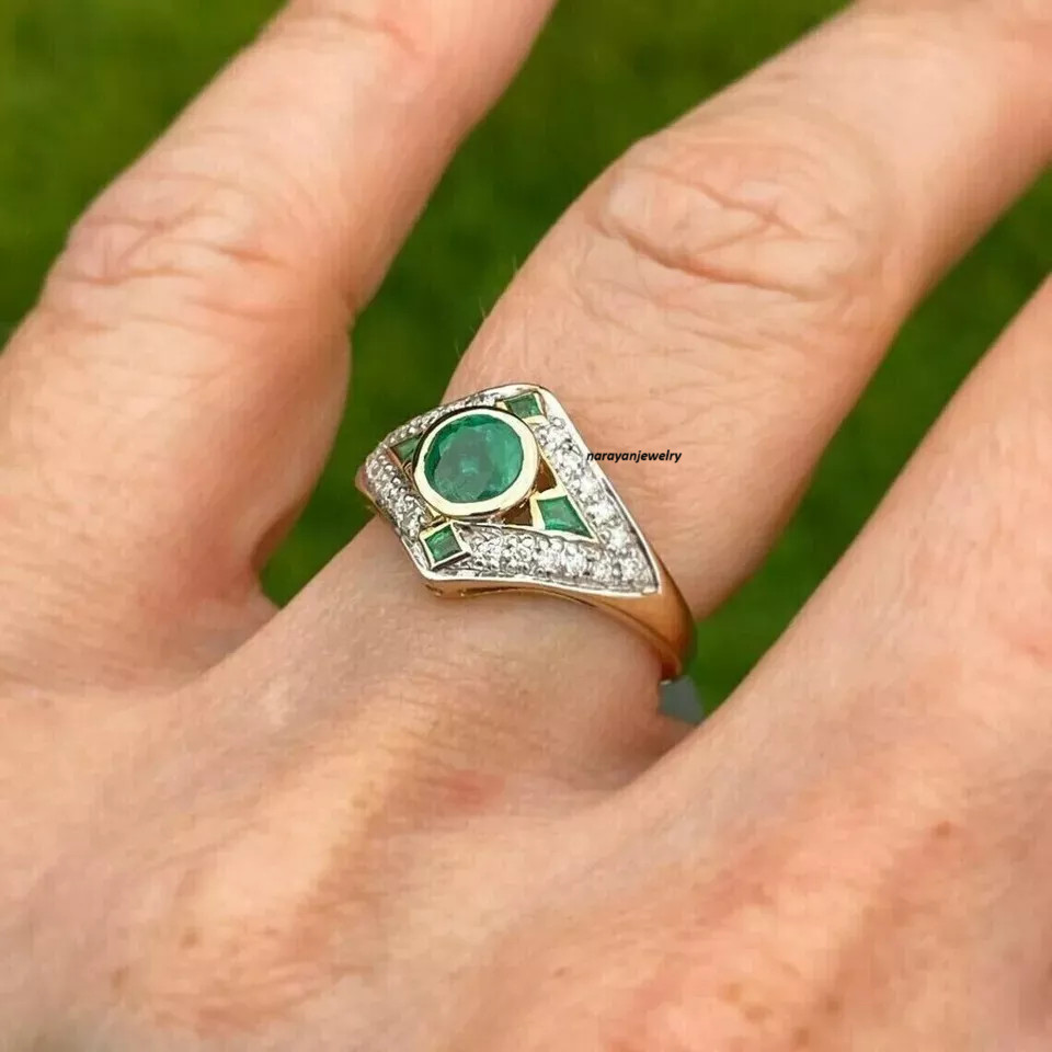Art Deco Vintage Round Cut Emerald & Lab Created Diamond 925 Silver Wedding Ring