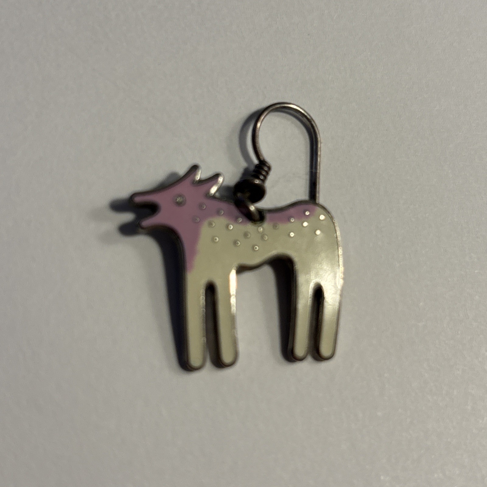 LAUREL BURCH “WILD DOG” DANGLE EARRINGS,SOFT PINK,WHITE ENAMEL, SIGNED, vintage