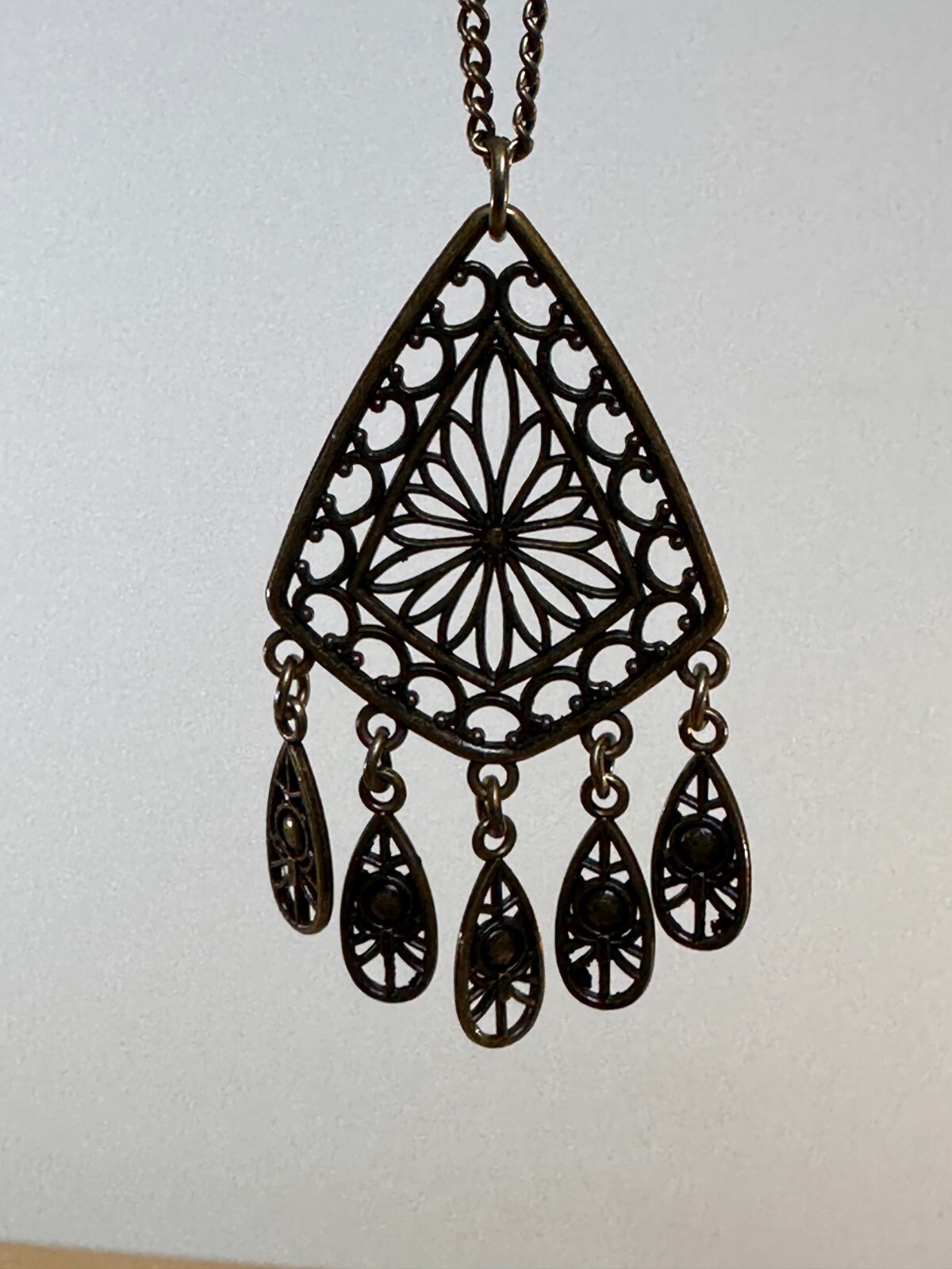 Vintage Bronze Color BOHO Tribal Dangle Pendant Necklace 14 inches