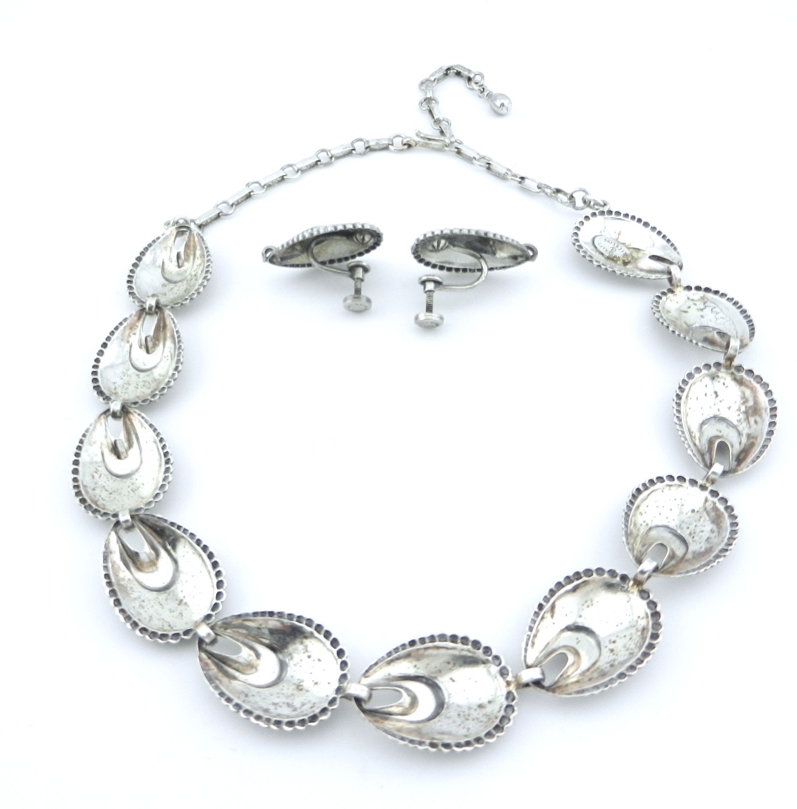 Danecraft Sterling Link Necklace Screw Earrings Scalloped Shell Fan Shape Set