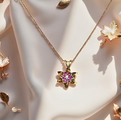 14K Solid Yellow White Gold Ruby Diamond Flower Pendant Necklace, Lab Ruby