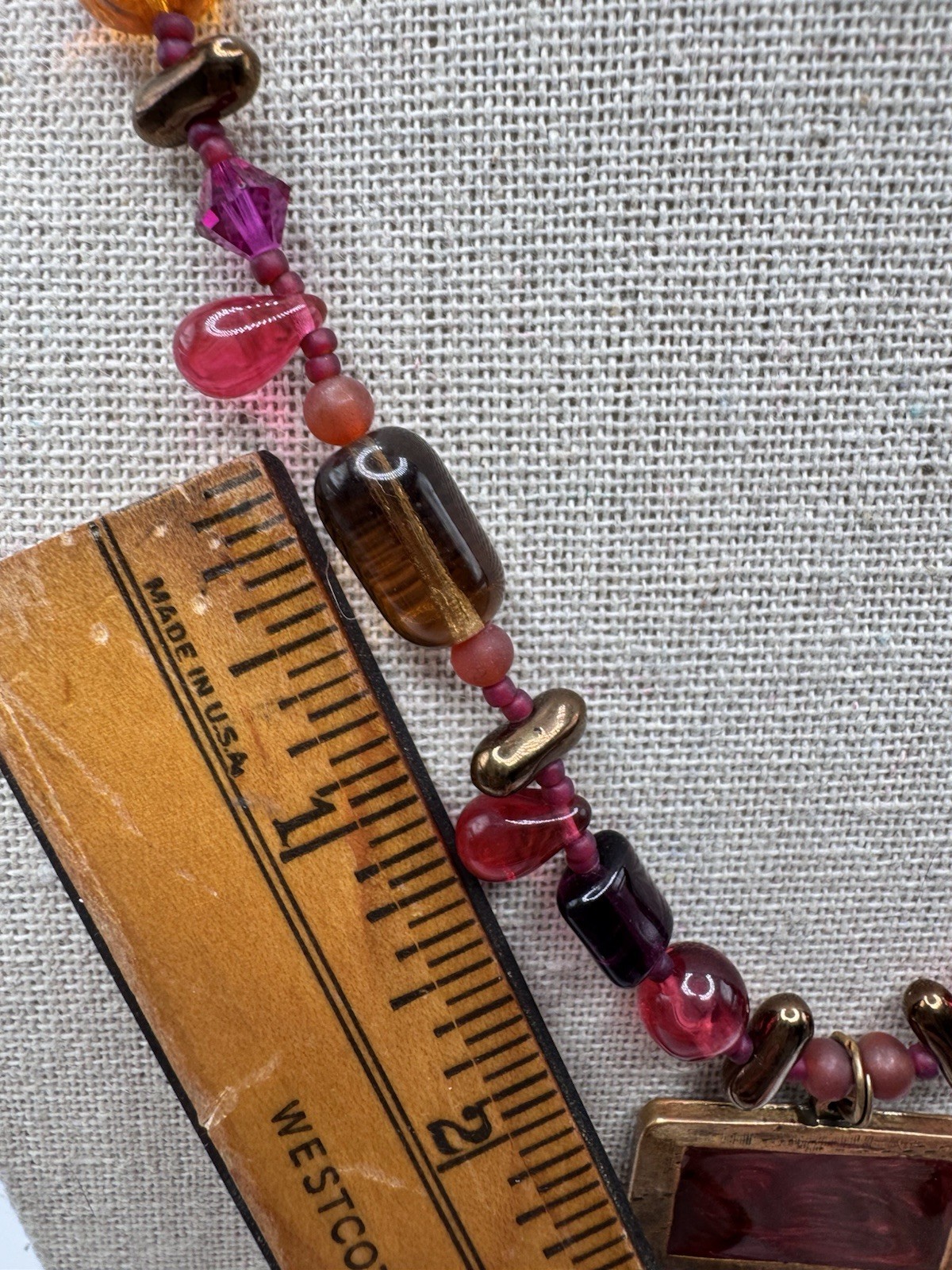 Vintage NOS Shaune Bazner Gold Tone Enamel Carnelian Crystal Glass Necklace 18”