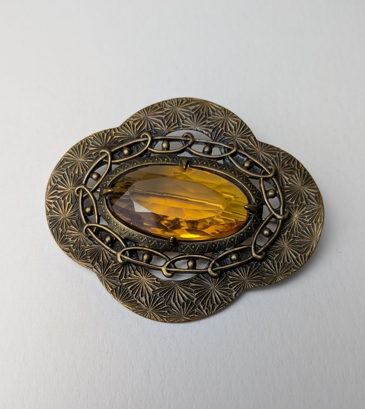 Vintage Antique Amber Glass Brooch Sash Pin C Clasp Brass Large!