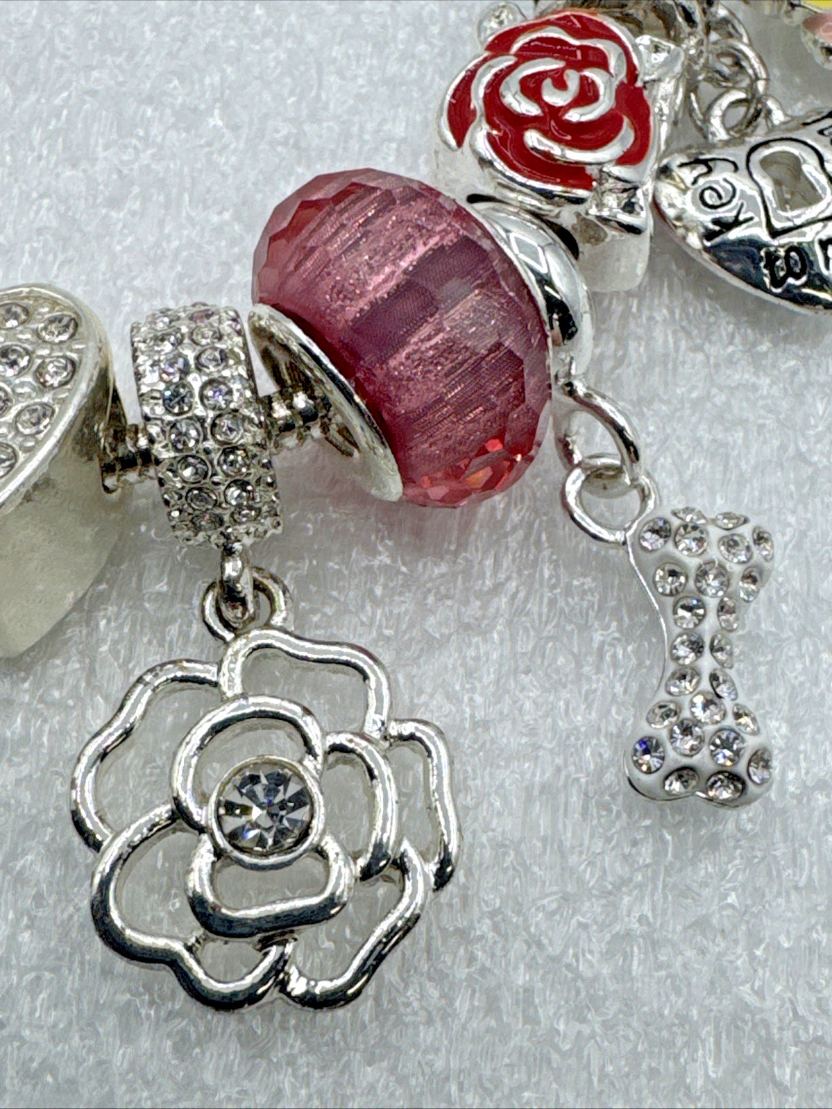 Silver Tone Snake Chain Charm Bracelet 6.5” – 13 Charms Pets Flowers Hearts Love
