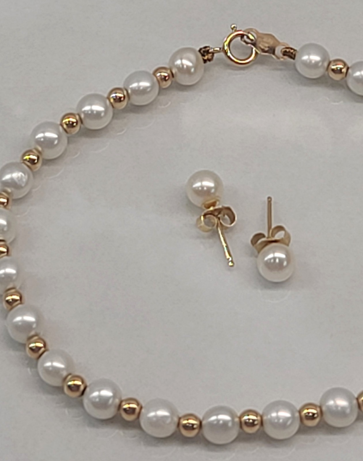 Vintage 14K Gold Bead-Pearl Jewelry Necklace Bracelet Earrings Set