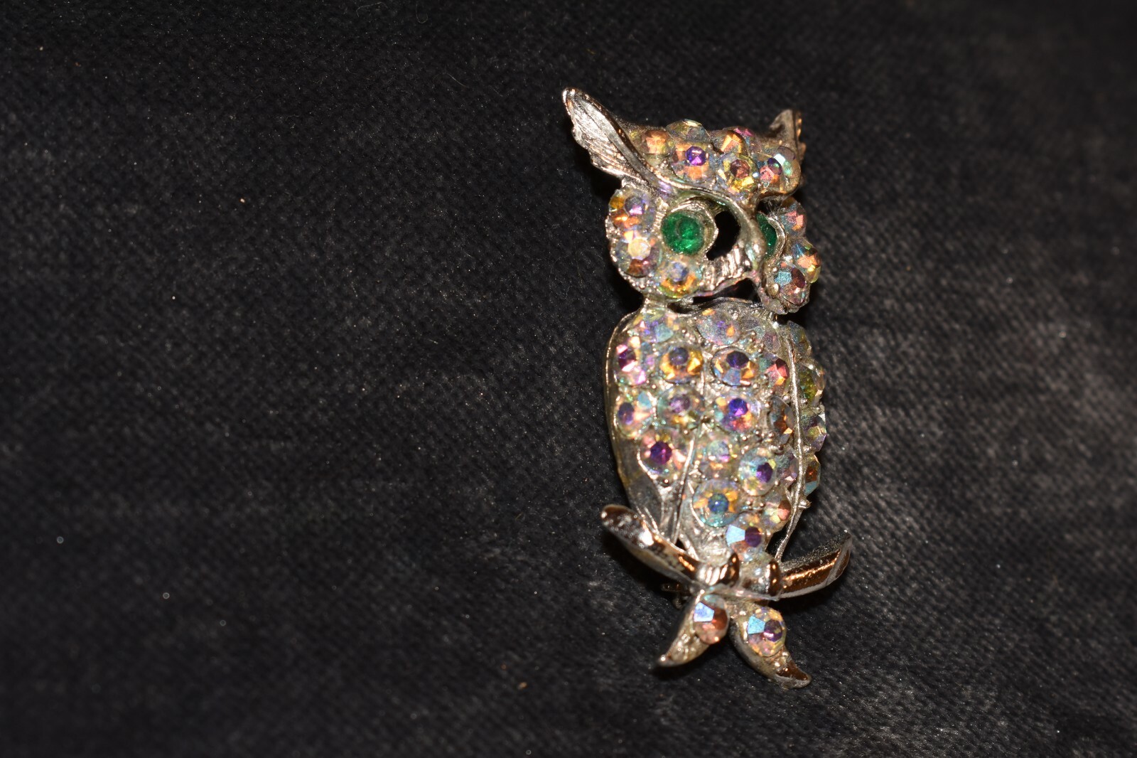 Vintage Aurora Borealis Rhinestone Owl Brooch Pin